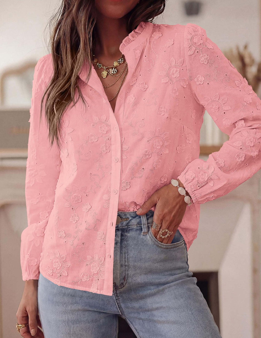 PRETTYGARDEN Women's Floral Embroidered Button Down Shirts | Ladies Dressy Fall Blouses, Long Sleeves, Ruffle Neck, Elegant Boho Eyelet Tops for Work, Business & Spring Casual Outings