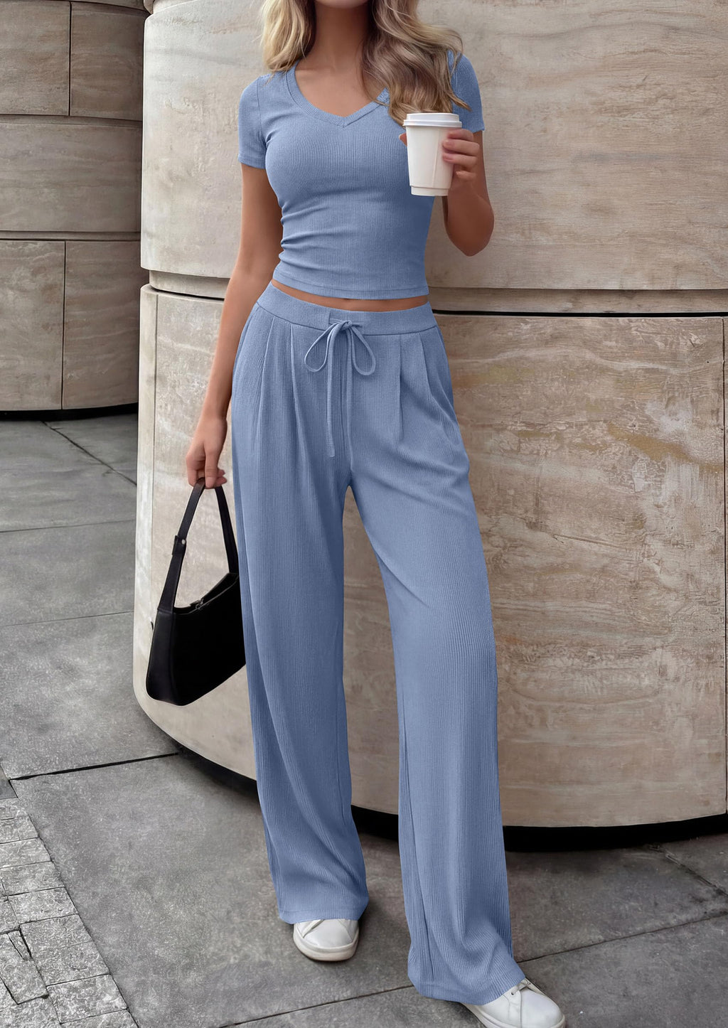 PRETTYGARDEN 2 Piece Sets for Women Summer Spring Lounge Set Matching V Neck Tops Wide Leg Pants Airport Travel Outfits
