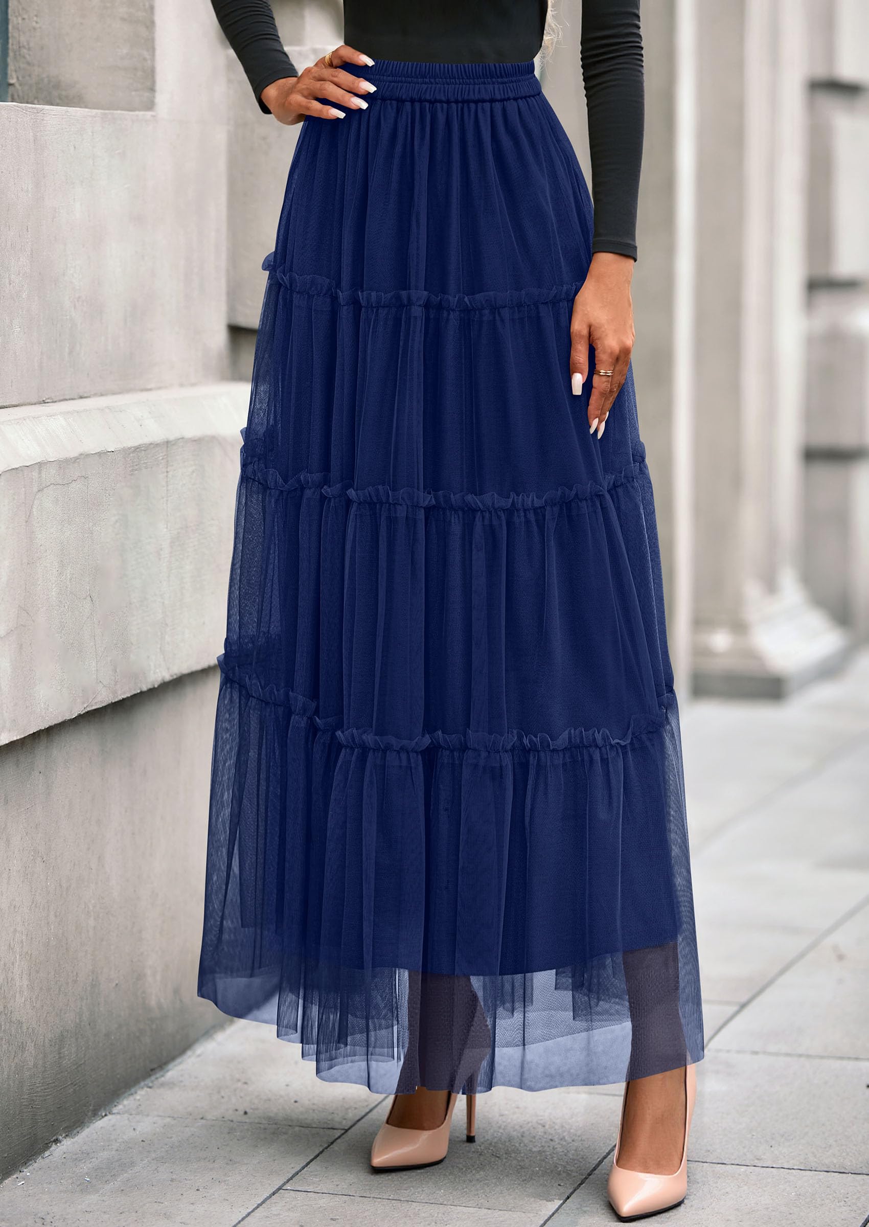 PRETTYGARDEN Tulle Skirts for Women Fall Fashion Elastic High Waisted Fairy Tiered Flowy A-Line Casual Maxi Long Skirt