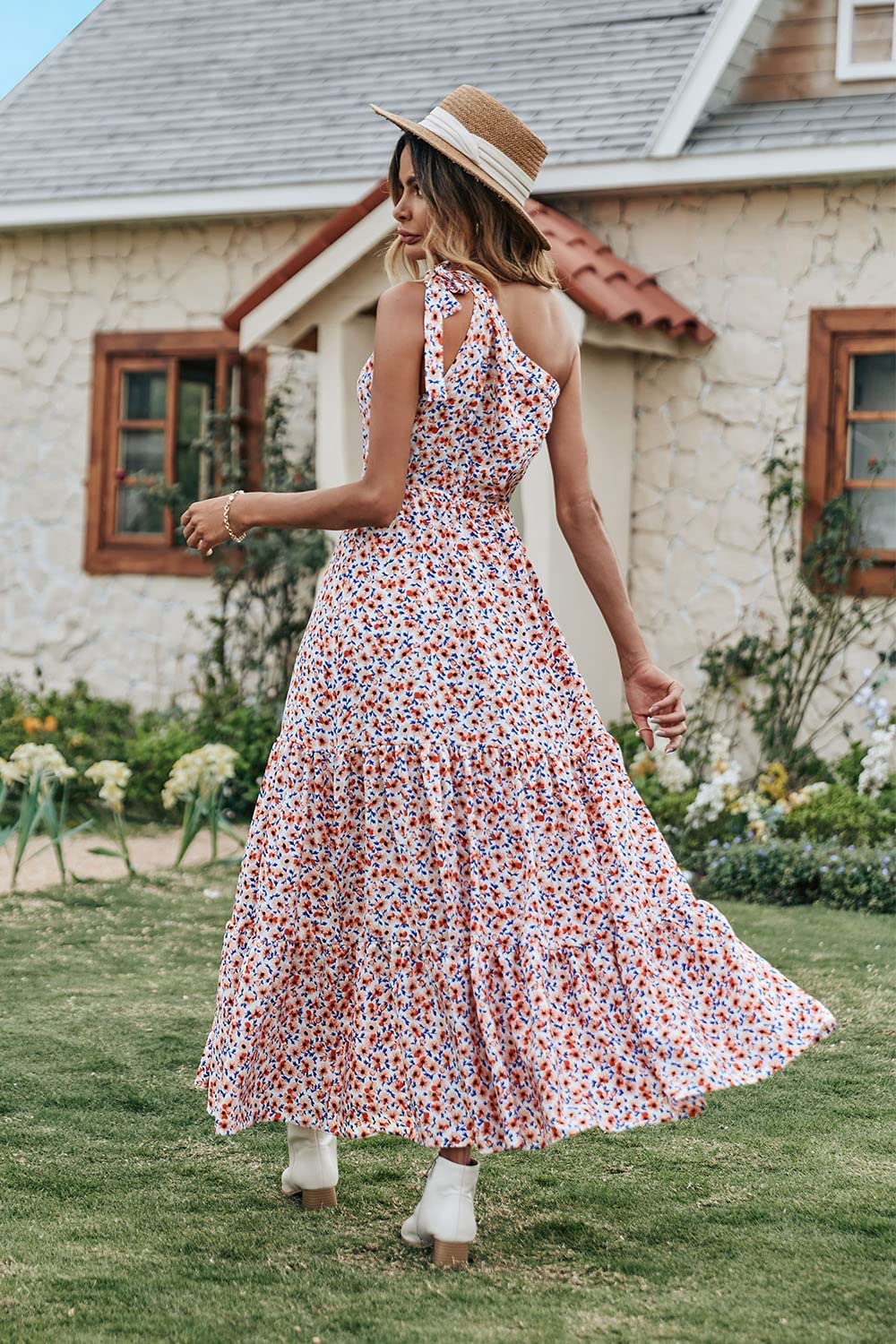 PRETTYGARDEN Women's Summer Floral One Shoulder Maxi Dress Knot Ruffle Boho Beach Vacation Wedding Guest Long Sun Dresses
