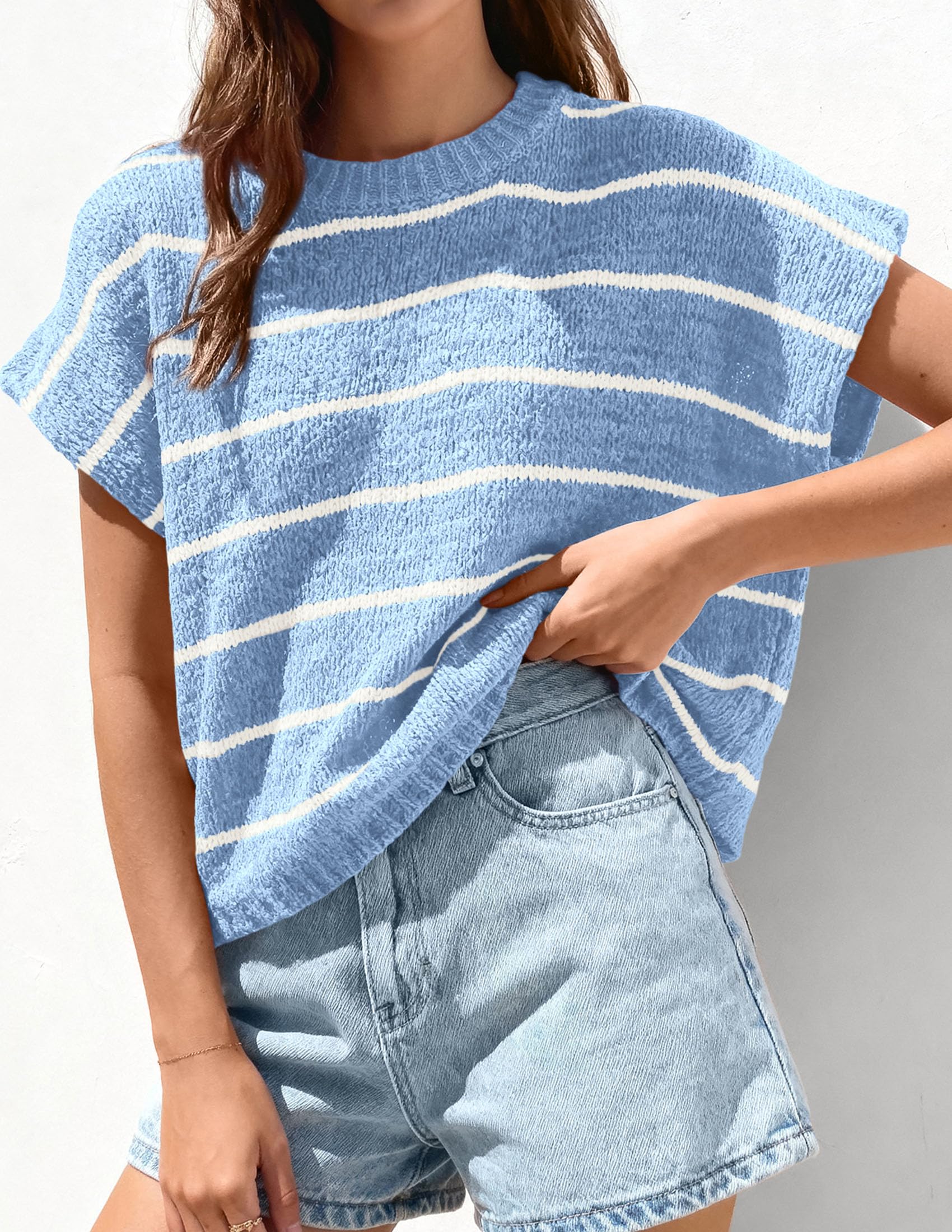 PRETTYGARDEN Womens Summer Short Sleeve Tops Trendy Crew Neck Striped Knit Sweater Business Casual Spring Clothes
