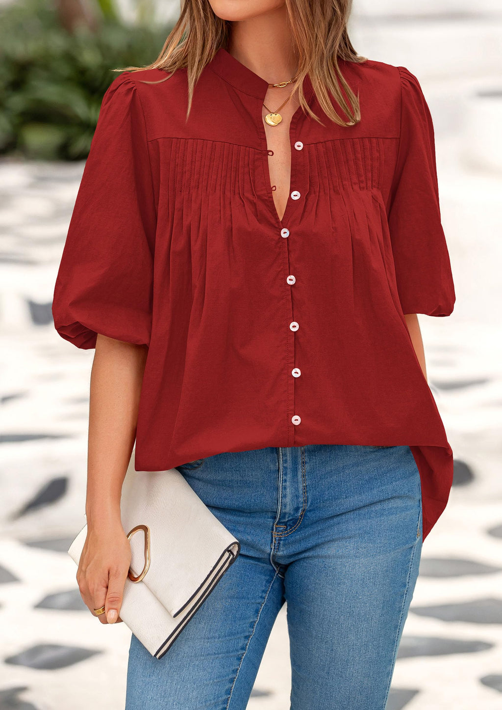 PRETTYGARDEN Women's  Summer Short Lantern Sleeve Tops Loose Fit Button Down Shirt Pleated V Neck Blouses Trendy Clothes