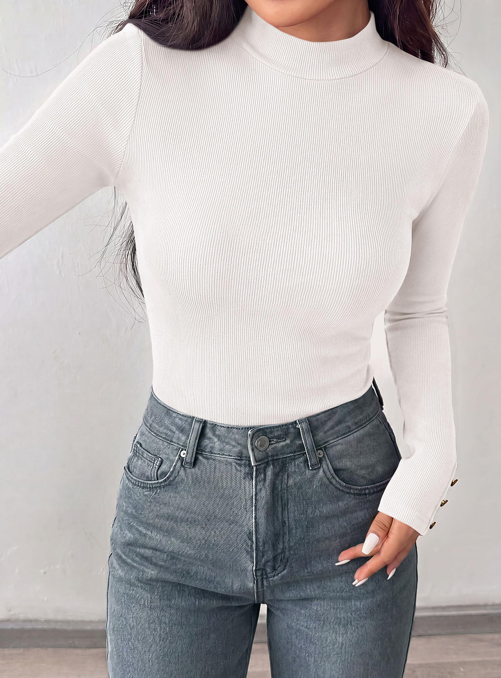 PRETTYGARDEN Women's Ribbed Mock Neck Long Sleeve Tops | Slim Fitted T-Shirts, Soft Stretch, Decorative Buttons, Going Out Work Casual Wear, Fall Outfits Layering Winter Clothes