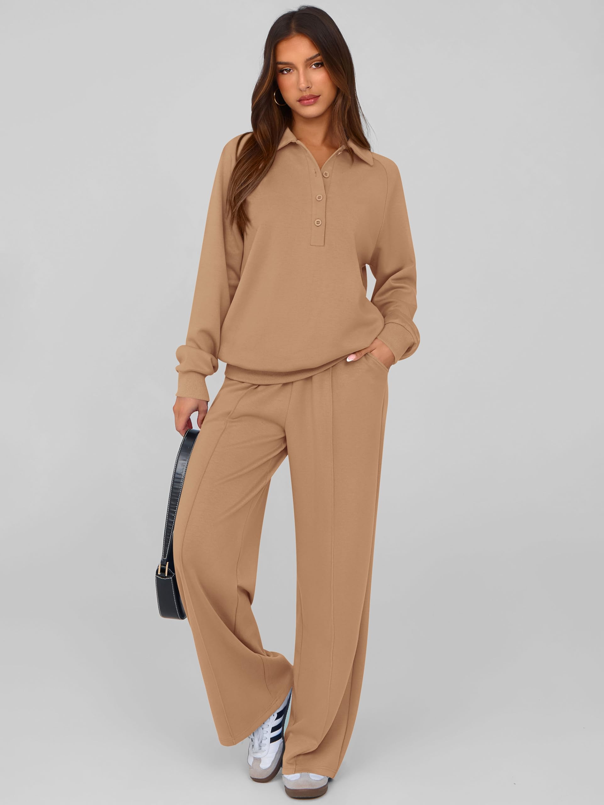 PRETTYGARDEN Women Fall 2 Piece Outfits Sweatsuits Lounge Sets Quarter Button Long Sleeve Sweatshirt, Wide Leg Sweat Pants, Casual 2 Piece Sets Tracksuit, Airport Travel Outfits for Women