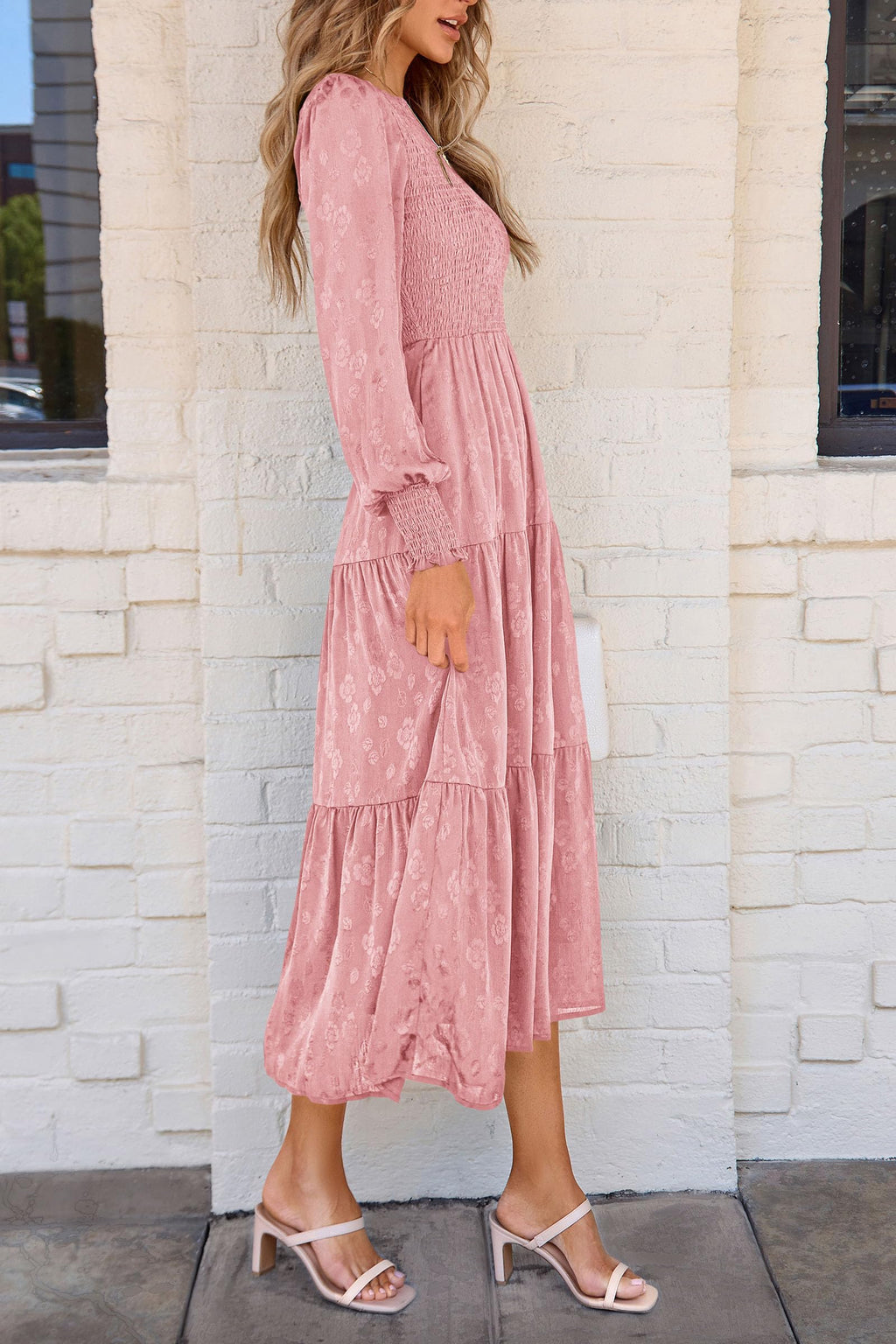 PRETTYGARDEN Women's Fall Spring Midi Dress Long Sleeve Floral Smocked Elegant Wedding Guest Long Flowy Dresses with Pockets