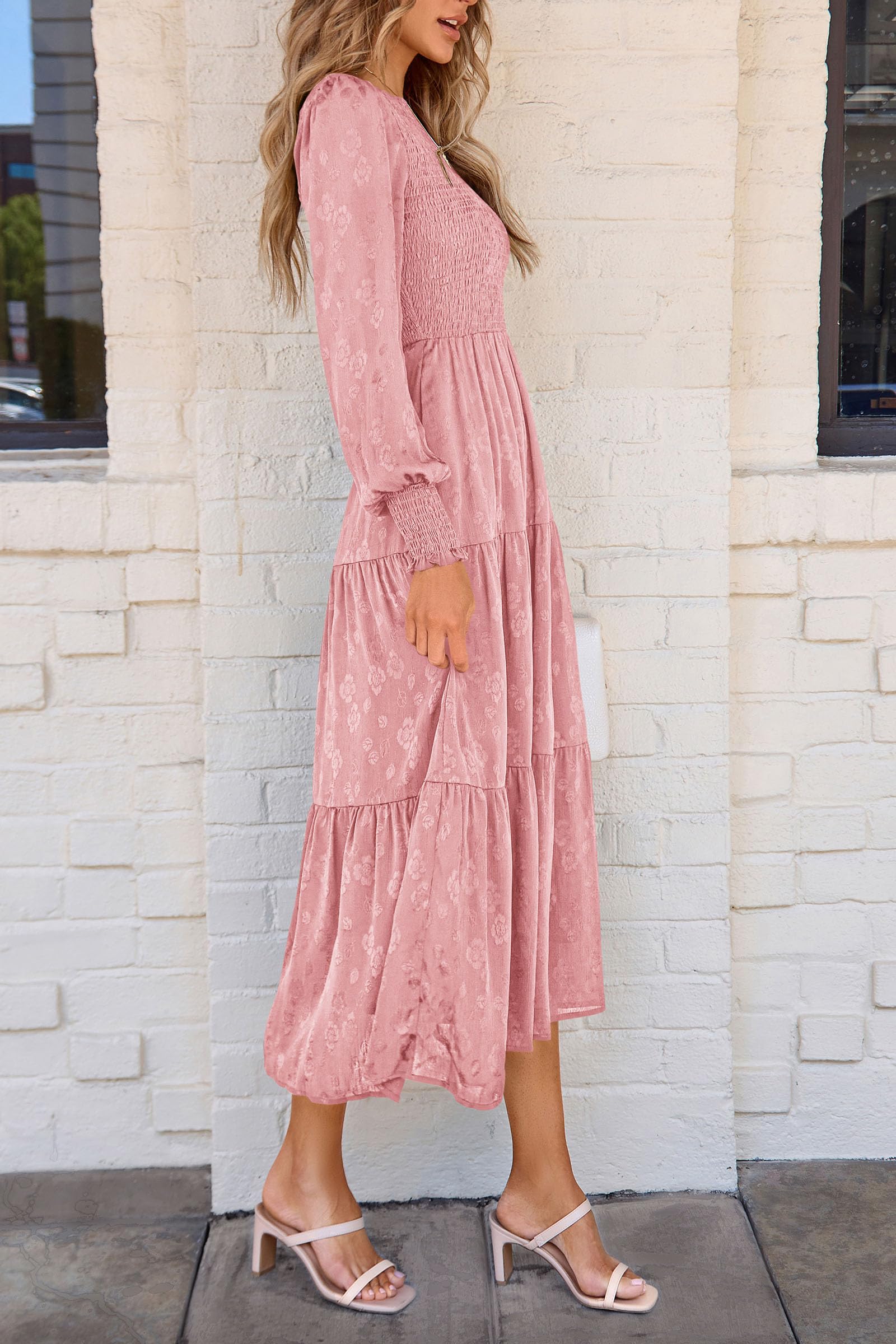 PRETTYGARDEN Women's Fall Spring Midi Dress Long Sleeve Floral Smocked Elegant Wedding Guest Long Flowy Dresses with Pockets