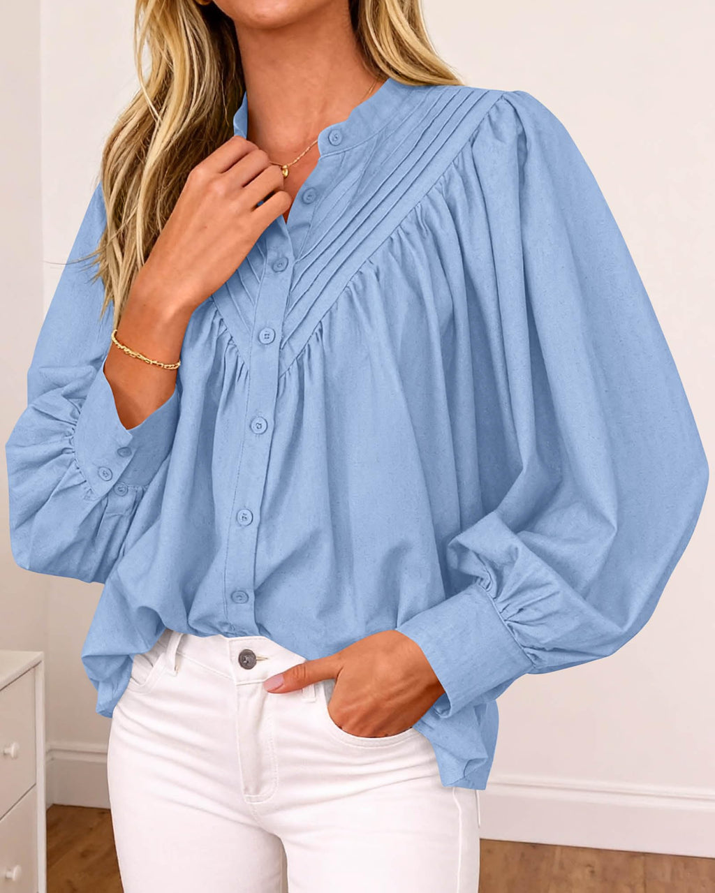 FreshPretty Blouses for Women Dressy Casual Fashion Clothing Long Sleeve Shirts Loose Fit Button Down Pleated Boho Going Out Tops