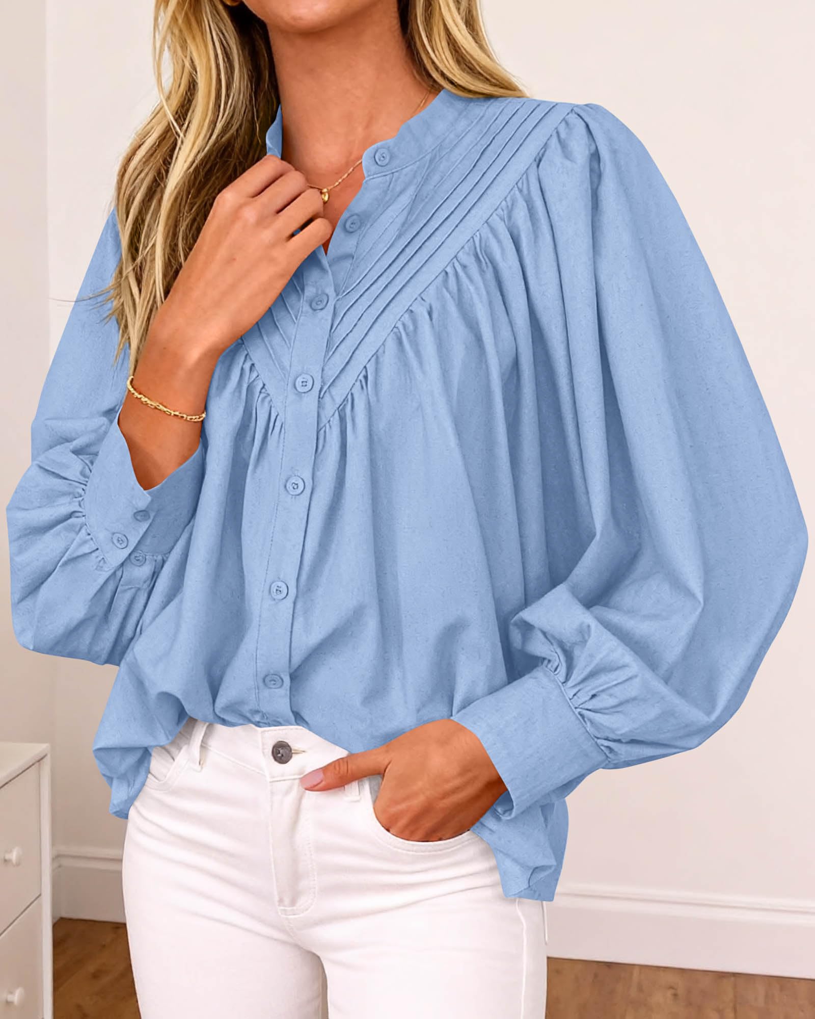 FreshPretty Blouses for Women Dressy Casual Fashion Clothing Long Sleeve Shirts Loose Fit Button Down Pleated Boho Going Out Tops