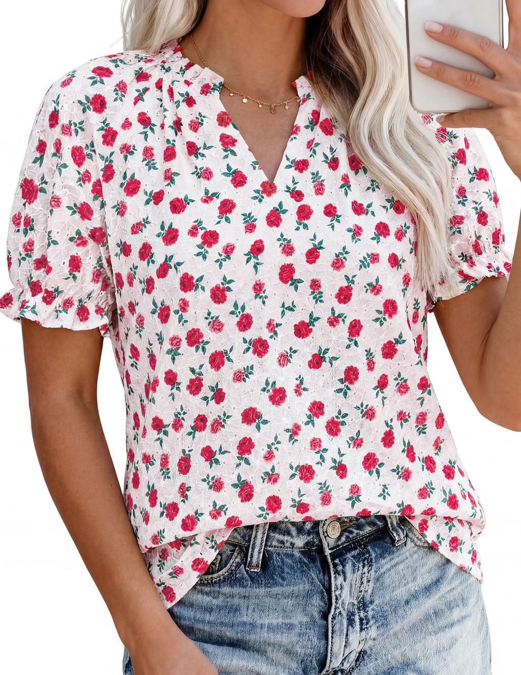 PRETTYGARDEN Summer Short Sleeve V Neck Shirts for Women Trendy Floral Print Loose Ruffle Tops Business Casual Blouses