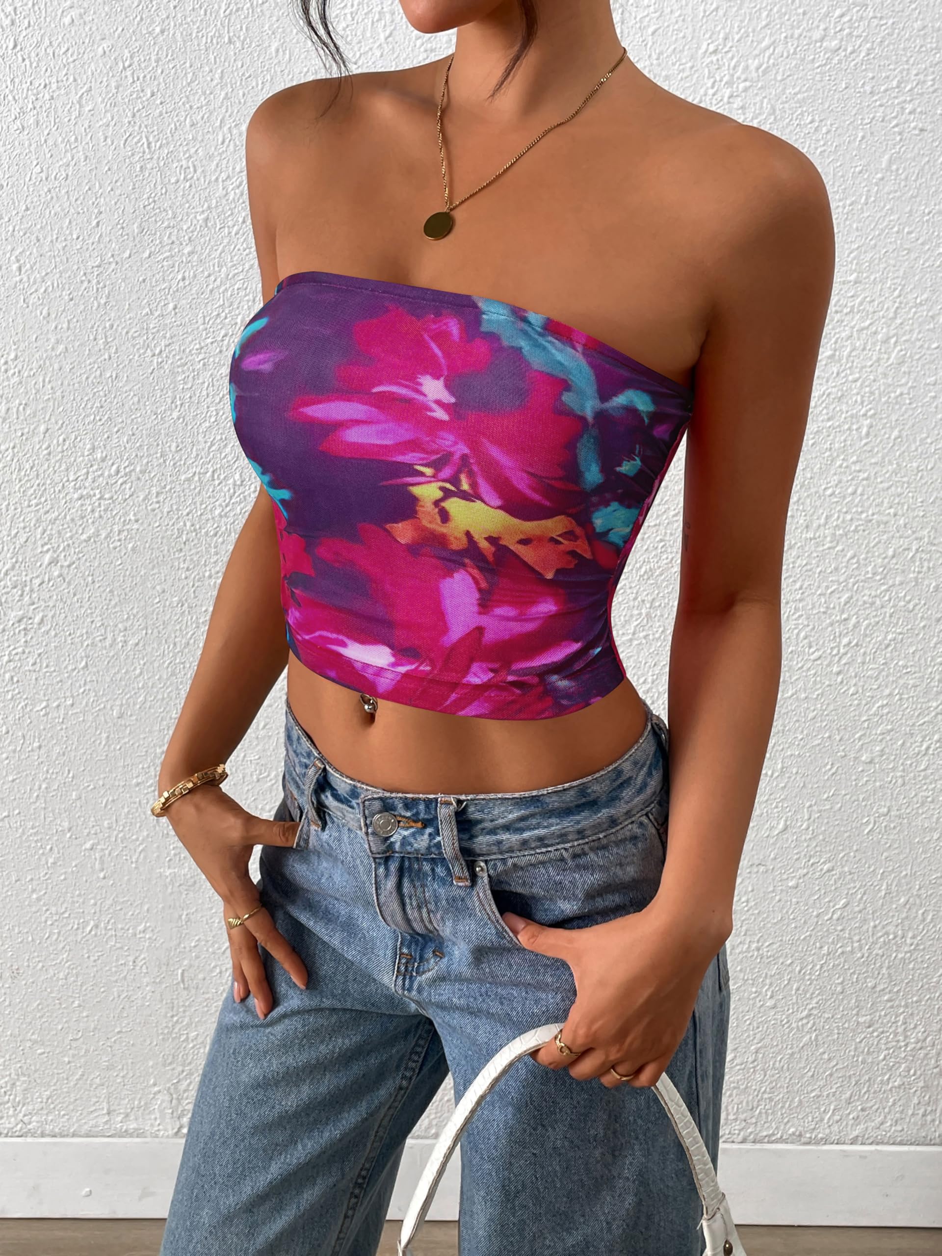 FreshPretty Womens Fashion Summer Floral Mesh Tube Top Ruched Going Out Bandeau Sleeveless Strapless Crop Tops Y2k Clothes