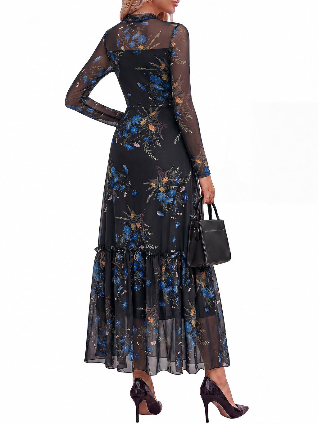 BTFBM Boho Mesh Long Sleeve Dress for Women | Mock Neck, Floral, A Line, Tiered, Graduation, Wedding, Cocktail Maxi Dresses, Fall Fashion, Resort Wear