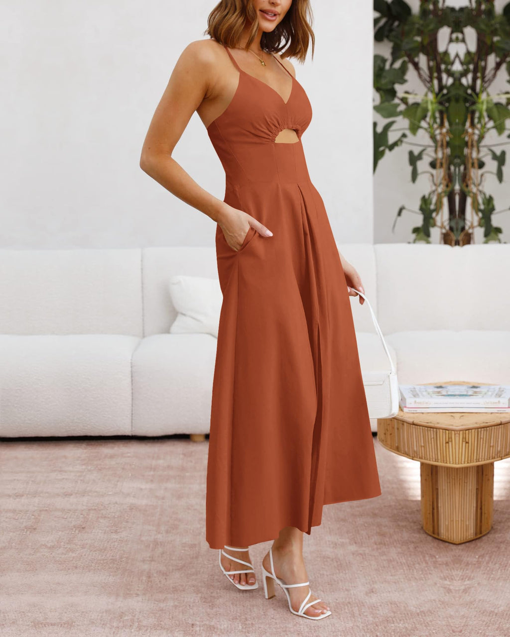 BTFBM Women Spaghetti Strap Midi Summer Dresses Sleeveless V Neck Cutout Slit Casual Beach Party Maxi Dress Pockets