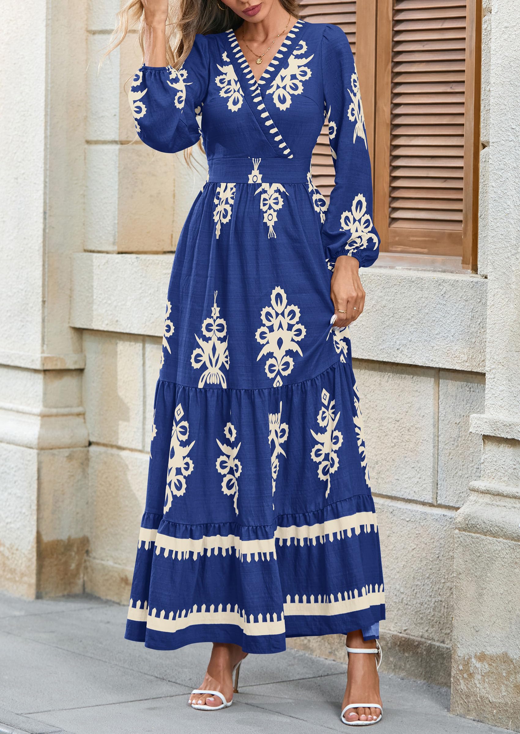 PRETTYGARDEN Women's Fall Wedding Guest Dresses Boho Floral Long Sleeve V Neck Flowy Elegant Maxi Dress Beach Clothes