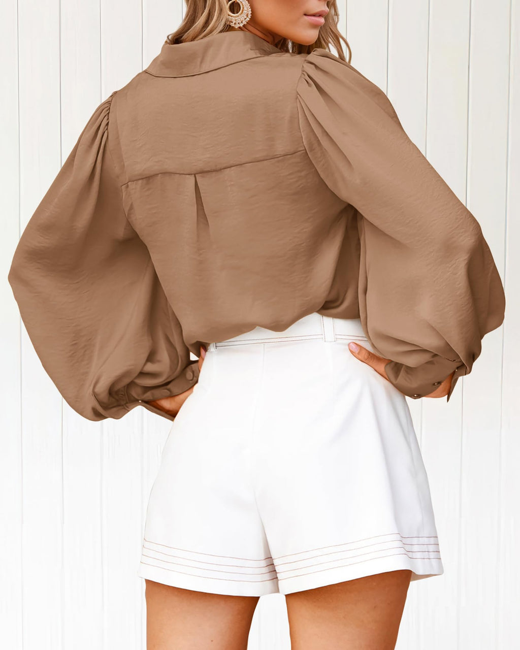 BTFBM Women Satin Blouses Summer Fall Clothes Button Down Lantern Long Sleeve Shirts Work Business Casual Dressy Tops