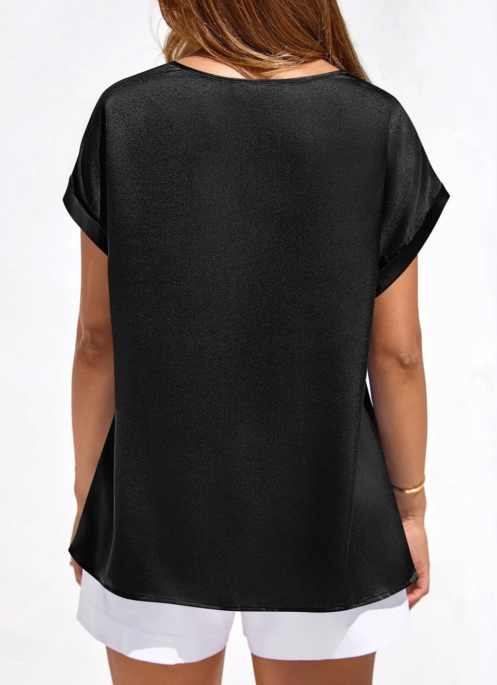 FreshPretty Womens Summer Tops Satin Silk Crewneck Short Sleeve Shirts Work Business Outfits Spring Blouses Dressy Casual