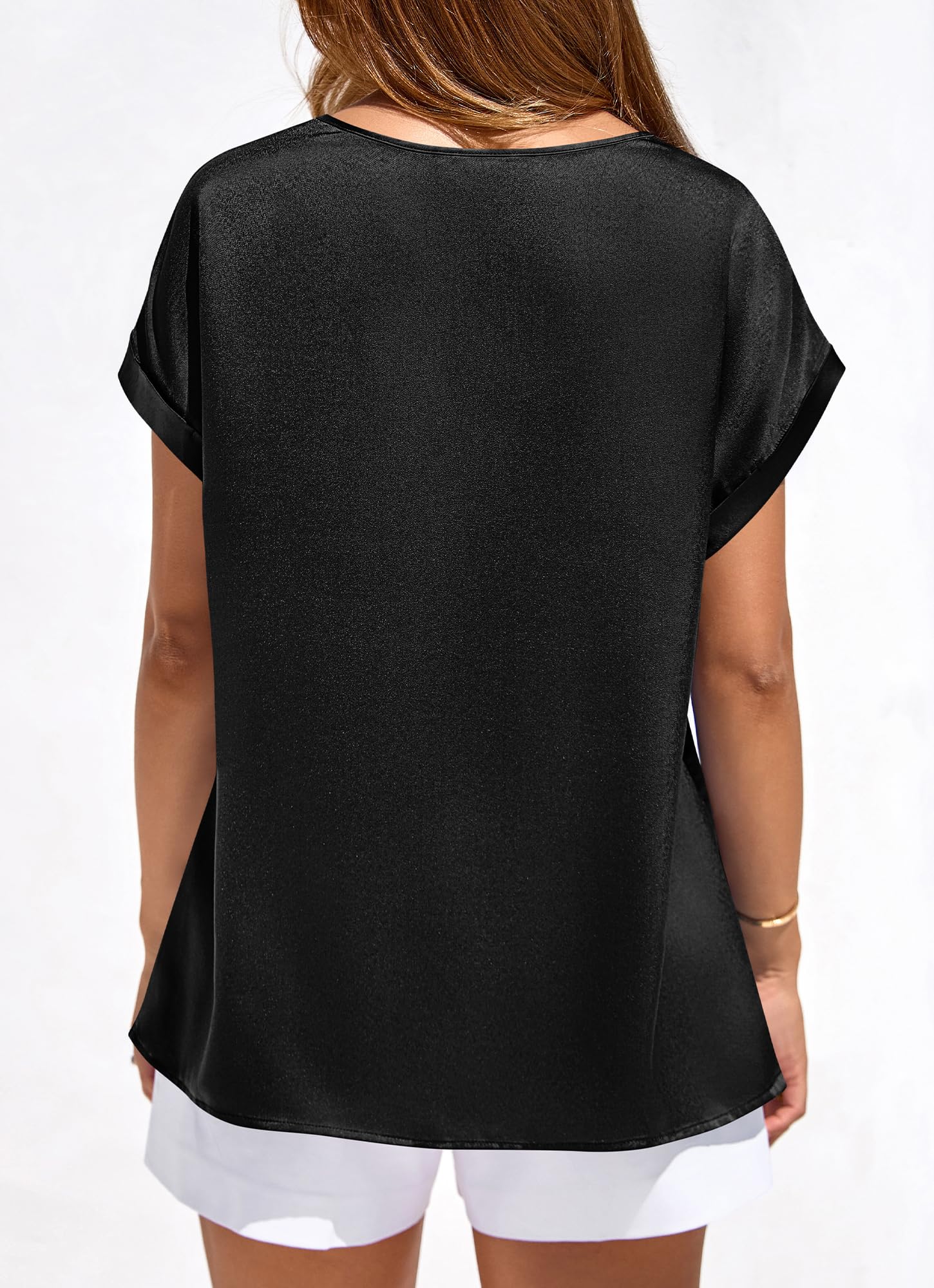 FreshPretty Womens Summer Tops Satin Silk Crewneck Short Sleeve Shirts Work Business Outfits Spring Blouses Dressy Casual