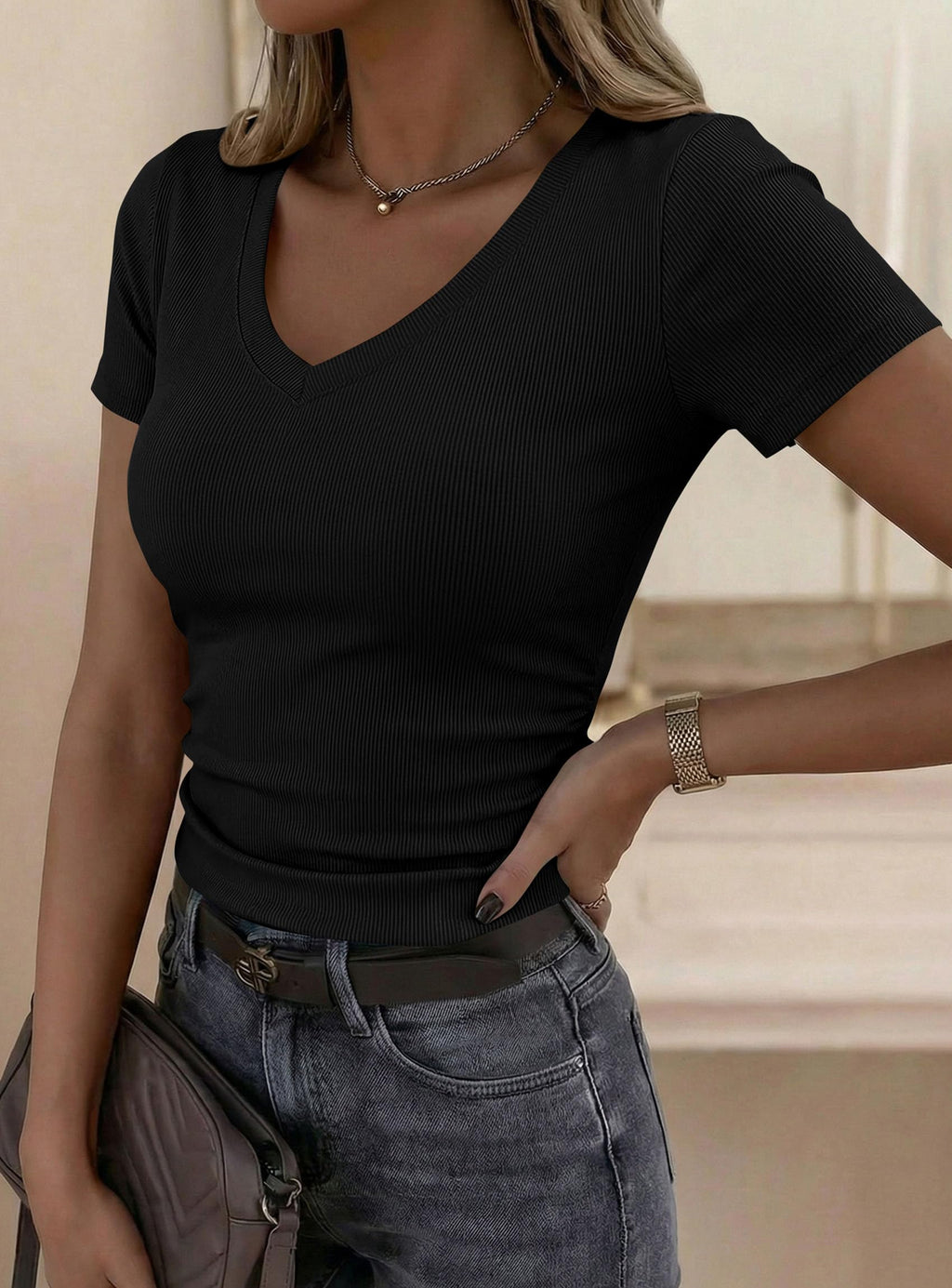 PRETTYGARDEN Women Spring Tops Trendy Ribbed Short Sleeve V Neck Fitted Basic Tee Shirts Casual Going Out Summer Outfits
