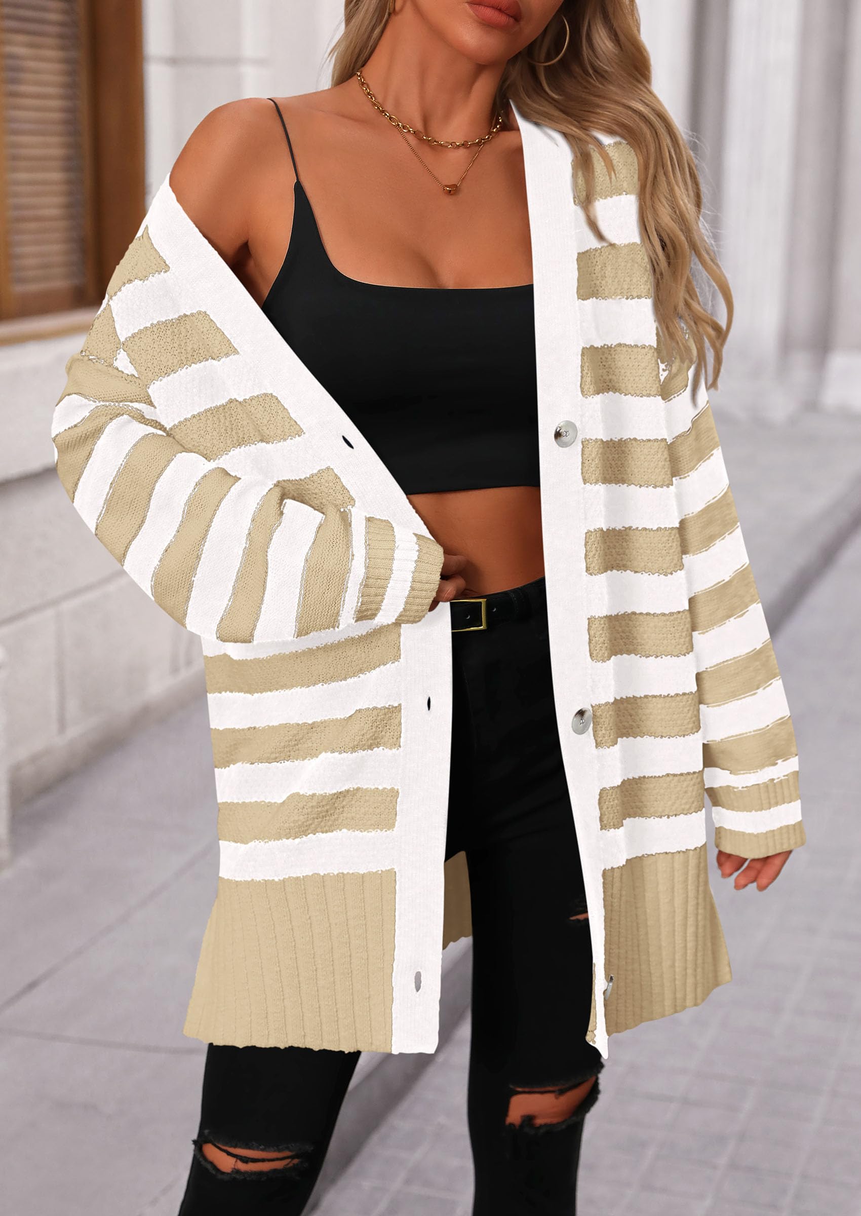 PRETTYGARDEN Women's Winter Striped Cardigan Sweaters Long Sleeve Button Down Open Front Chunky Knit Oversized Sweater Coat