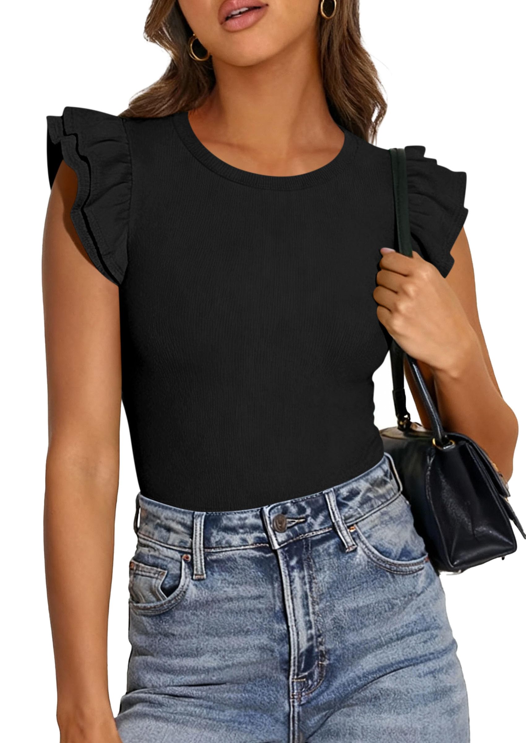 PRETTYGARDEN Womens Summer Crew Neck T Shirts Trendy Ruffle Sleeve Slim Fit Knit Going Out Tops Casual Spring Clothes