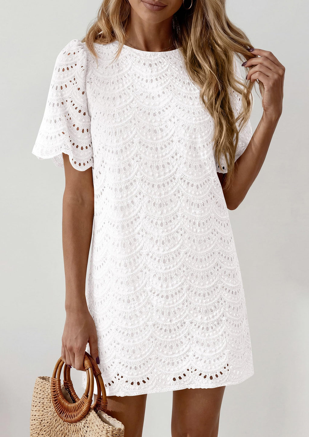 PRETTYGARDEN Women's Summer Casual Short Dresses Embroidered Lace Short Sleeve Boho Mini Dress Beach Vacation Clothes