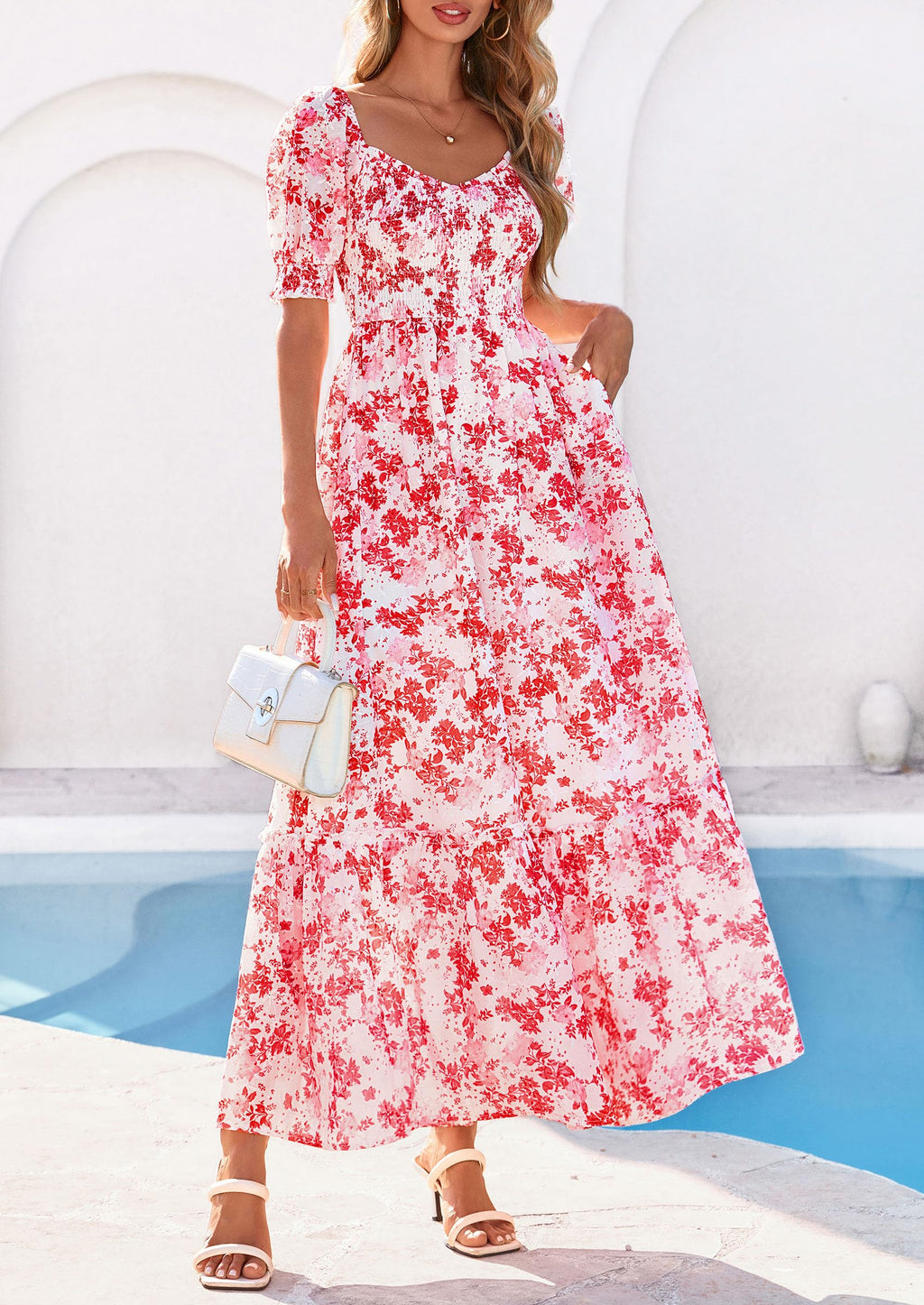 PRETTYGARDEN Women's Floral Boho Maxi Dresses Flowy Short Sleeve A Line Smocked Eyelet Summer Beach Vacation Clothes