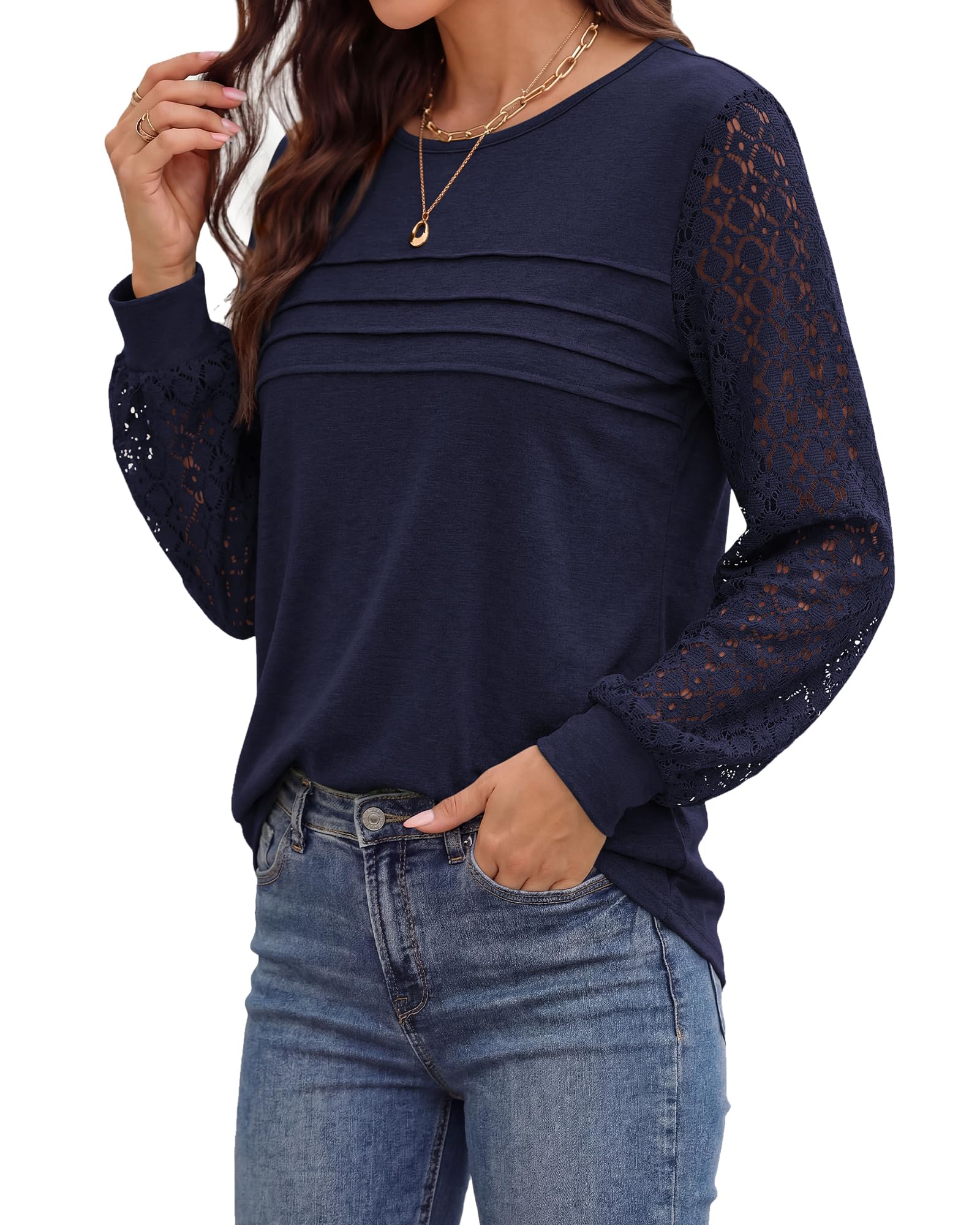 BTFBM Women's Long Sleeve Shirts Dressy Lace Fall Tops Trendy Business Casual T-Shirts Cute Work Outfits Blouses
