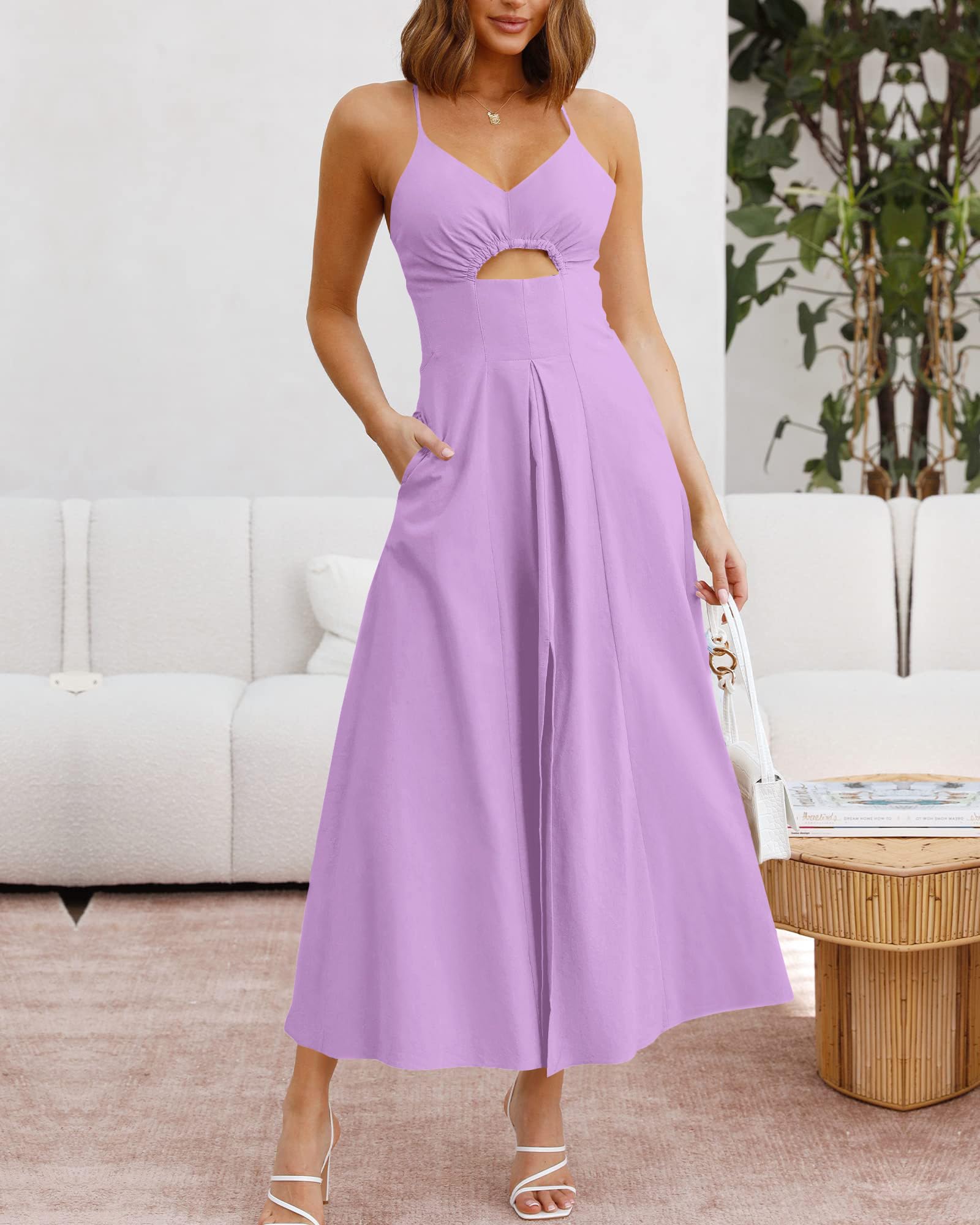 BTFBM Women Spaghetti Strap Midi Summer Dresses Sleeveless V Neck Cutout Slit Casual Beach Party Maxi Dress Pockets