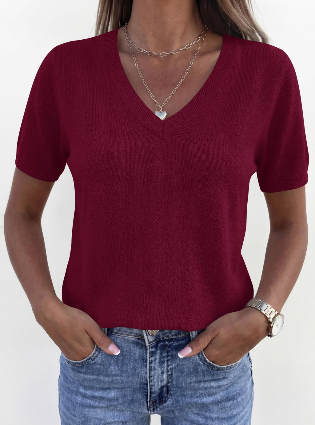 PRETTYGARDEN Womens Short Sleeve Sweater V Neck Trendy Pullover Tops Summer Spring Loose Lightweight Casual Blouse