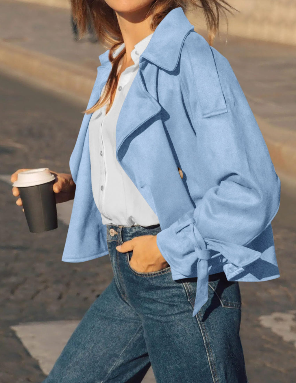 PRETTYGARDEN Women Faux Suede Double Breasted Trench Coat Cropped Jackets Raglan Long Sleeve,Lapel,Tie Cuff,Button Down,Fall Fashion Outerwear,Winter Clothes,Work Office Casual Short Jacket