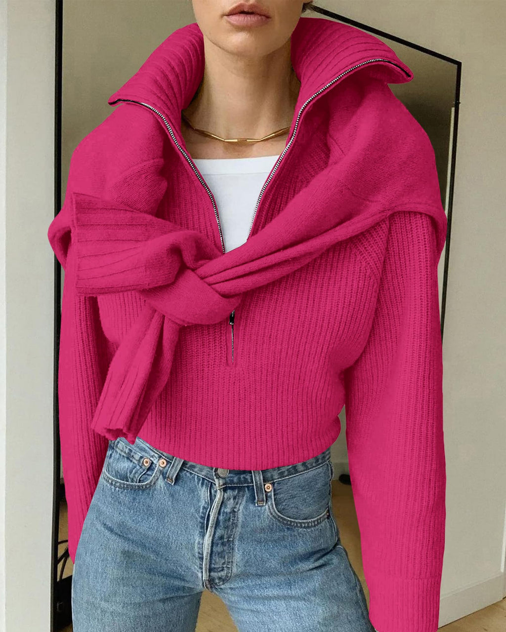 FreshPretty Womens Sweaters Quarter Zip Pullover V Neck Collar Long Sleeve Ribbed Knit Loose Casual Winter Fall Sweater