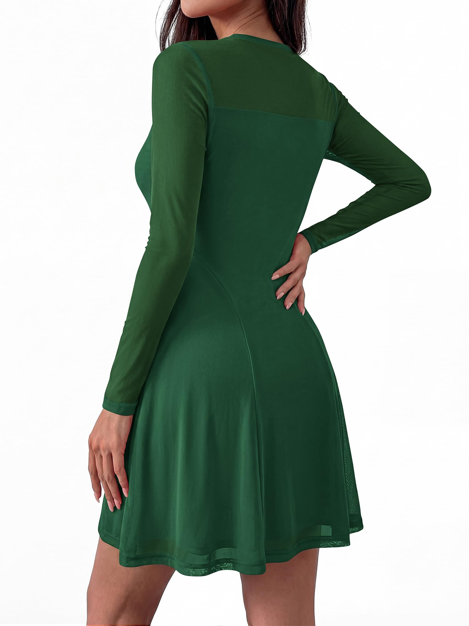 BTFBM Women’s Mini Dress Sheer Mesh Long Sleeve Crew Neck Flowy A Line Casual Cocktail Party Going Out Dresses Fall