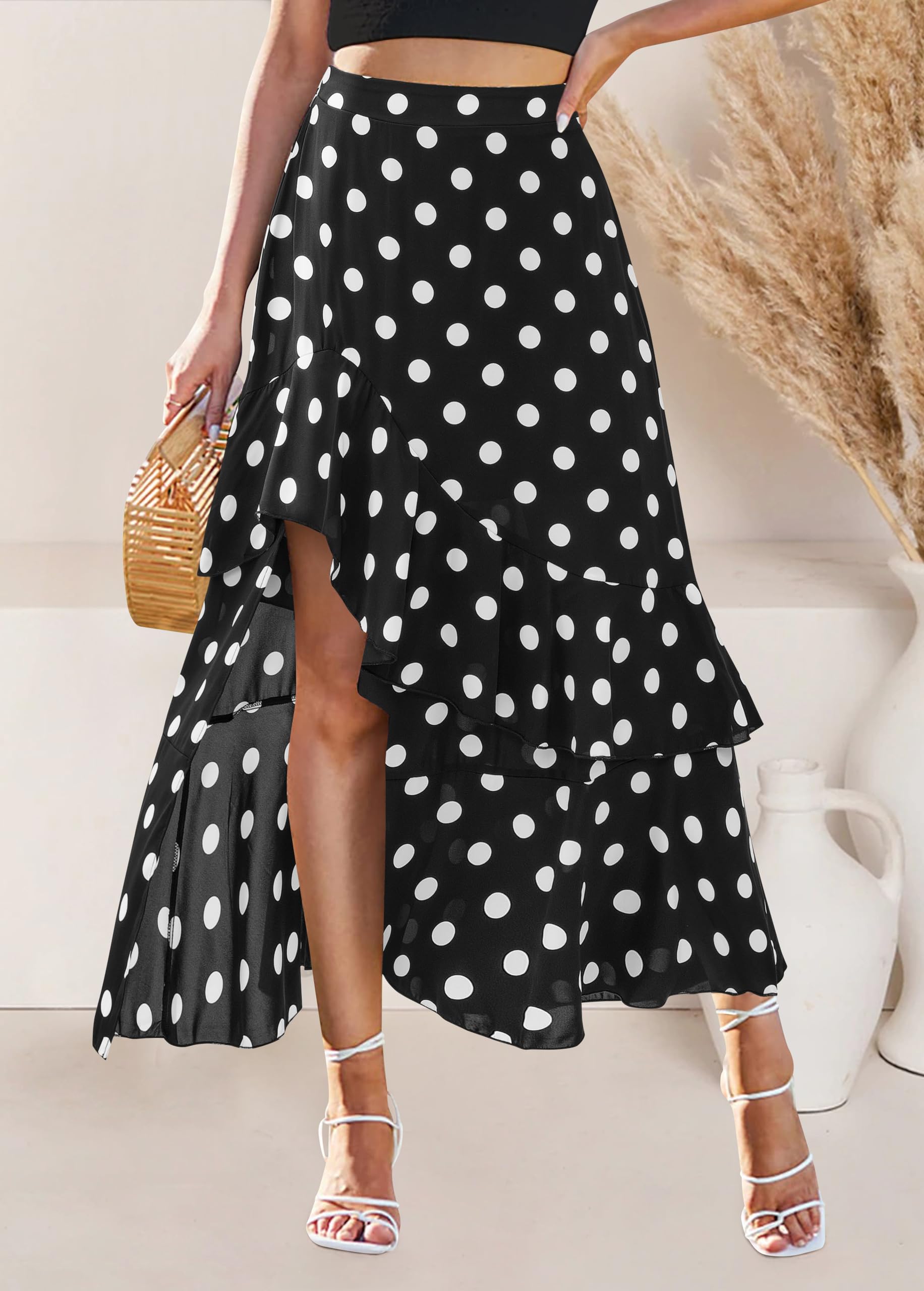 BTFBM Women Spring Summer Long Skirts Dress Boho Floral Elastic Waist Split Ruffle High Low Beach Maxi Skirt Clothes