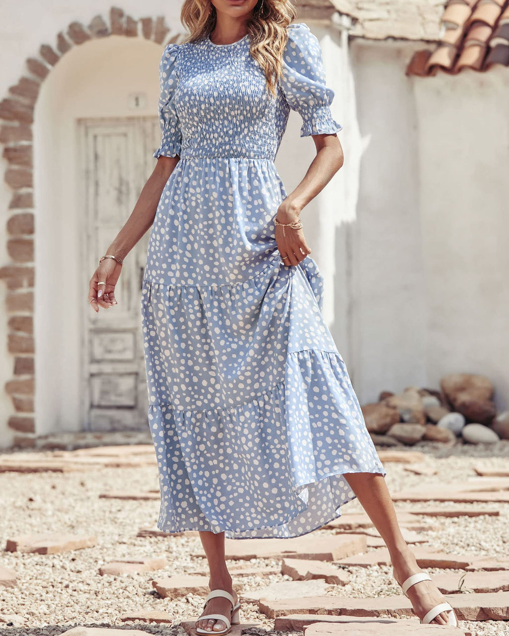 FreshPretty Women Casual Summer Dresses Spring Crew Neck Ruffle Short Sleeve Floral Print Smocked Boho Flowy Maxi Dress