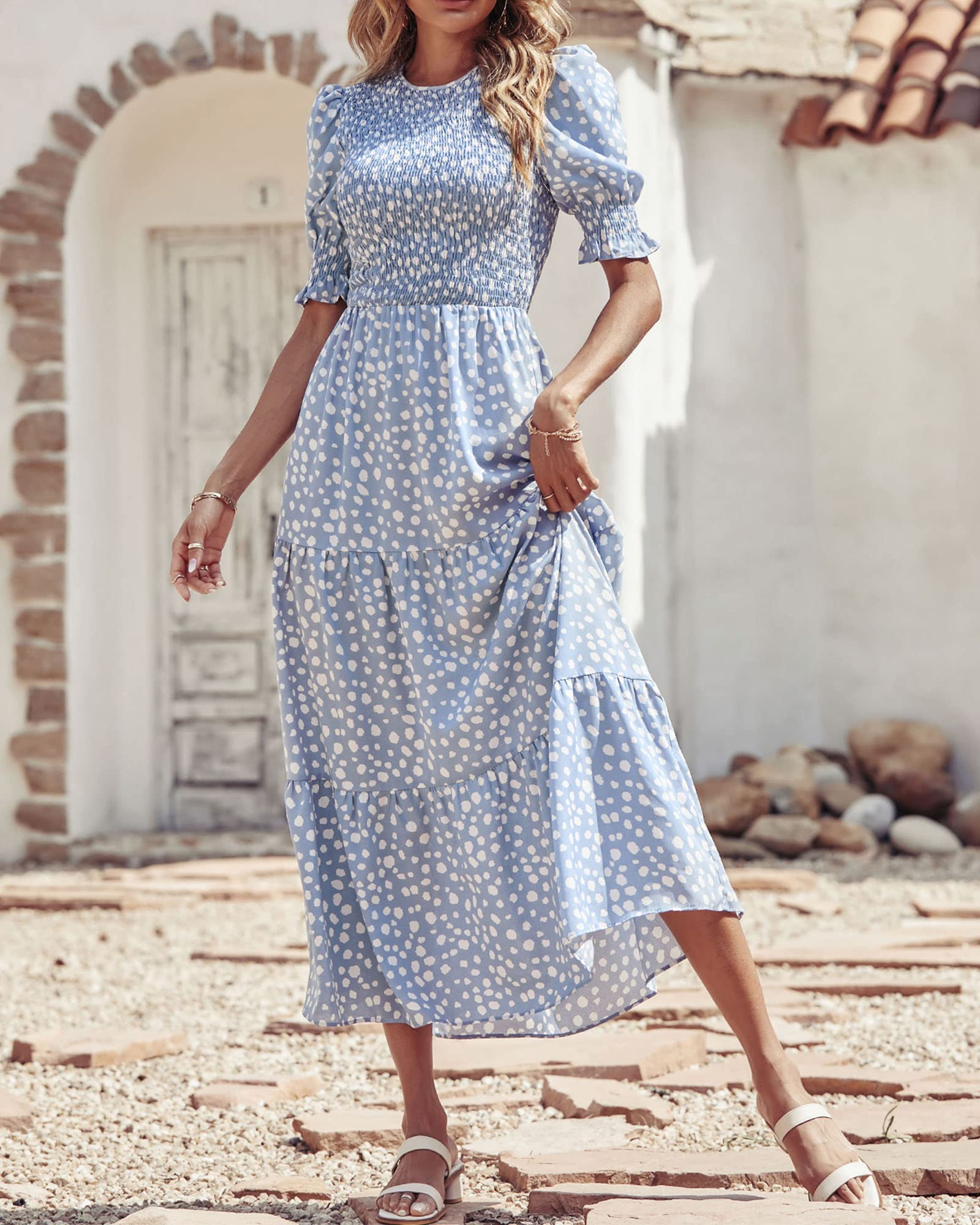 FreshPretty Women Casual Summer Dresses Spring Crew Neck Ruffle Short Sleeve Floral Print Smocked Boho Flowy Maxi Dress