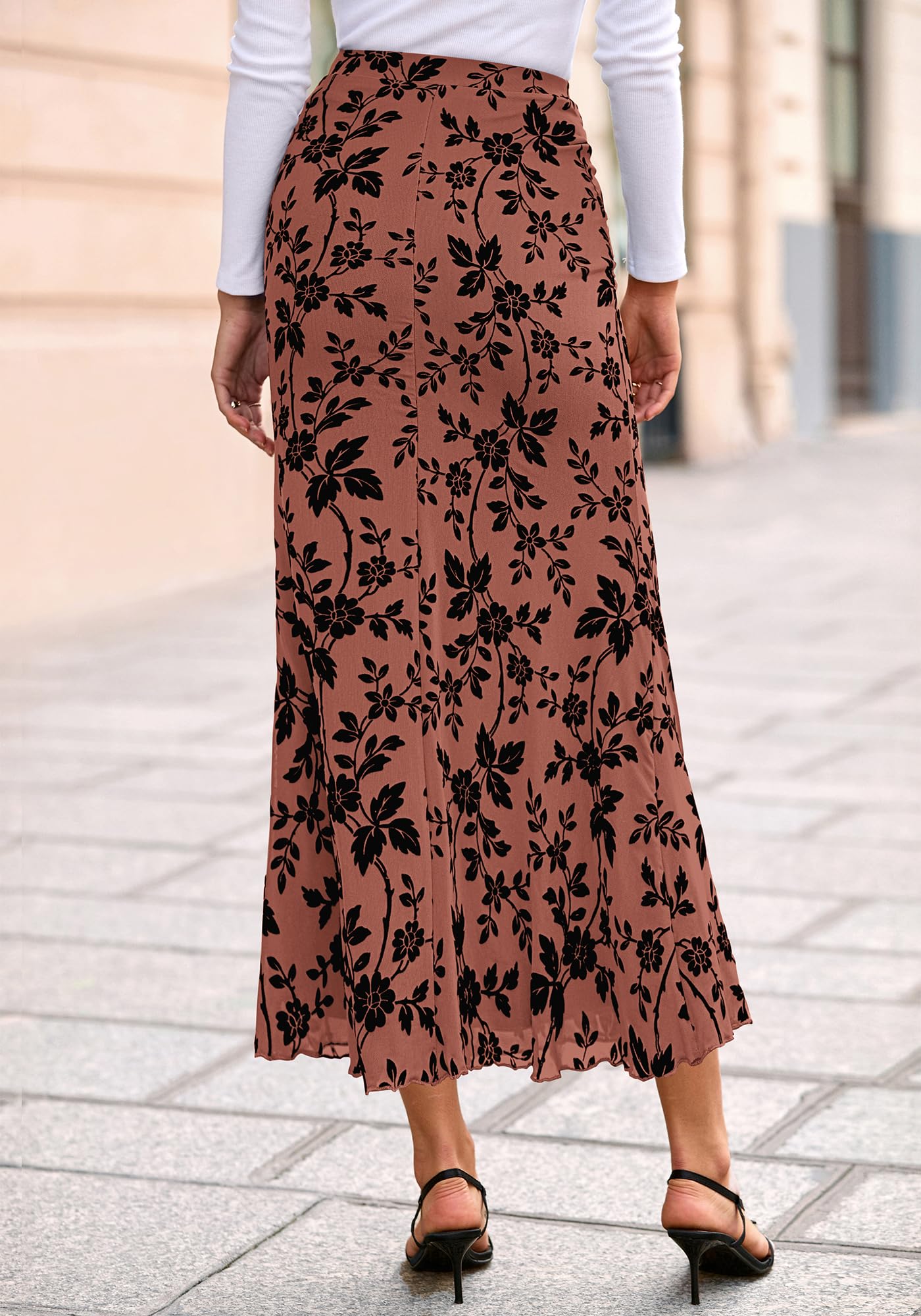 BTFBM Womens Floral Mesh Maxi Skirt Spring Summer Elastic High Waisted Boho Elegant Mermaid Long Skirts for Women