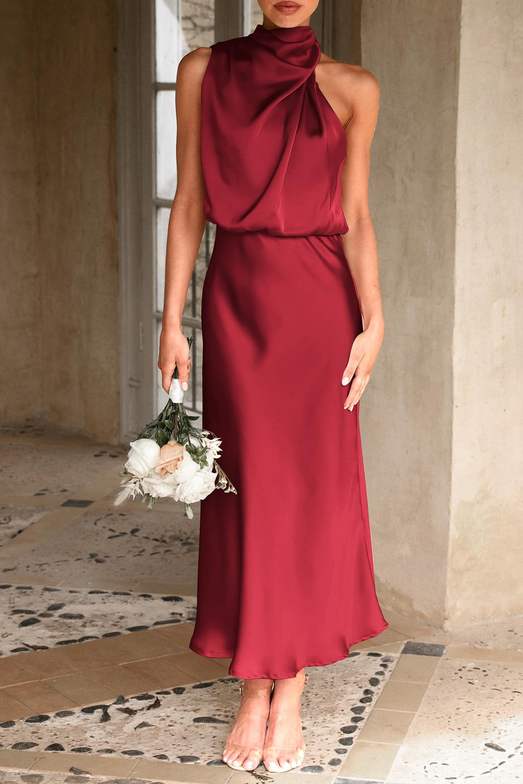 PRETTYGARDEN Women's Summer Satin Dress Elegant Sleeveless Mock Neck Cocktail Party Maxi Dresses