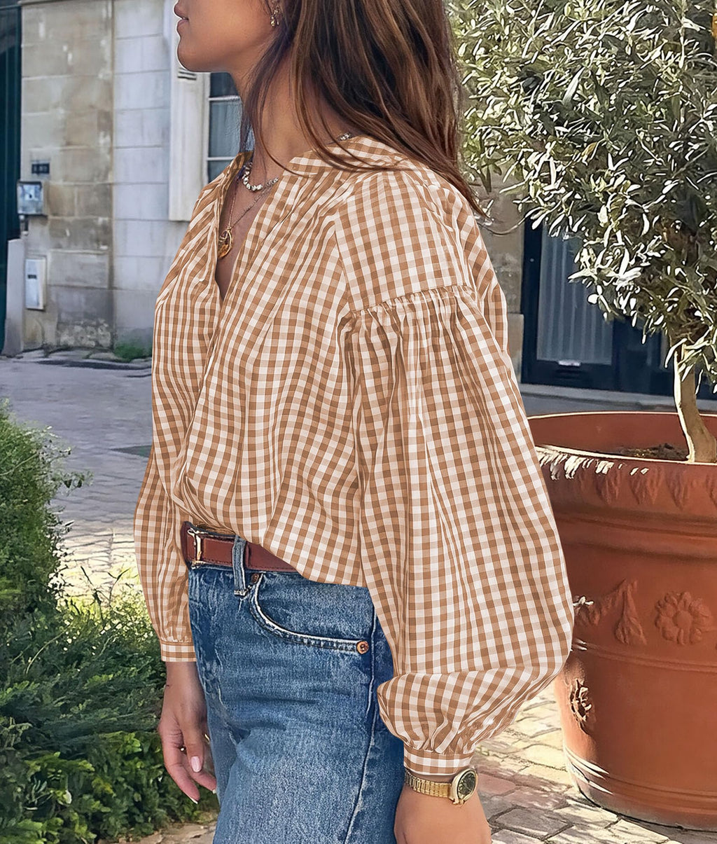 PRETTYGARDEN Women Fall Plaid Long Puff Sleeve Shirts V Neck Casual Blouses Gingham Button Down Oversized, Pleated Drop Shoulder Cotton Tops, Dressy Casual, Work Vacation Travel, Fall Outfits Trendy