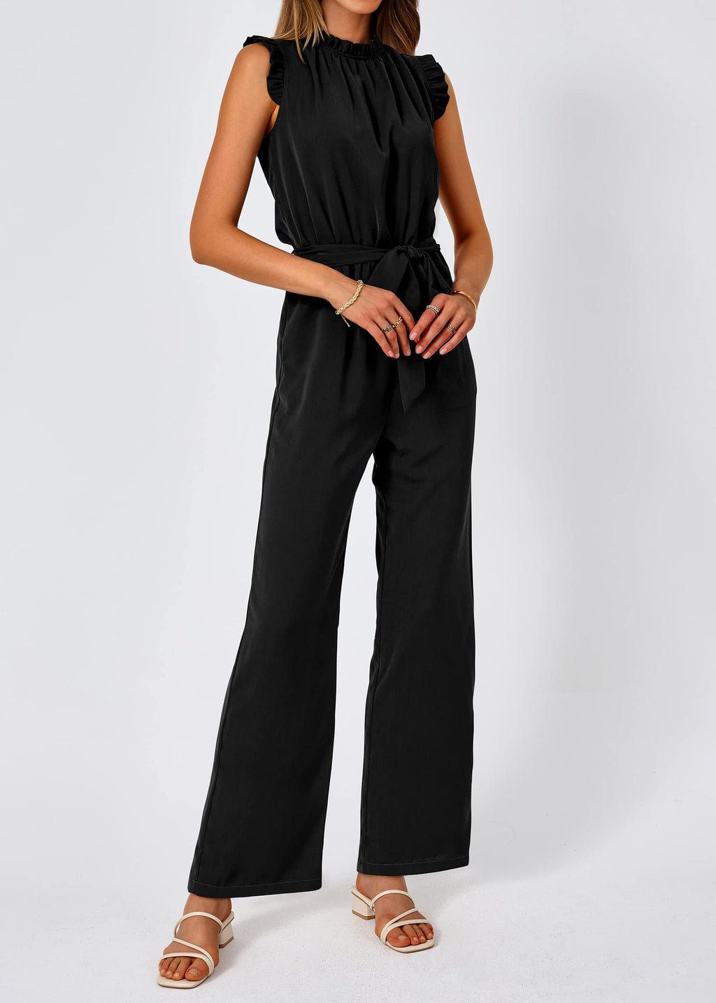 FreshPretty Jumpsuits For Women Dressy Summer One Piece Sleeveless Ruffle Mock Neck Belt Pockets Formal Wide Leg Pants Romper