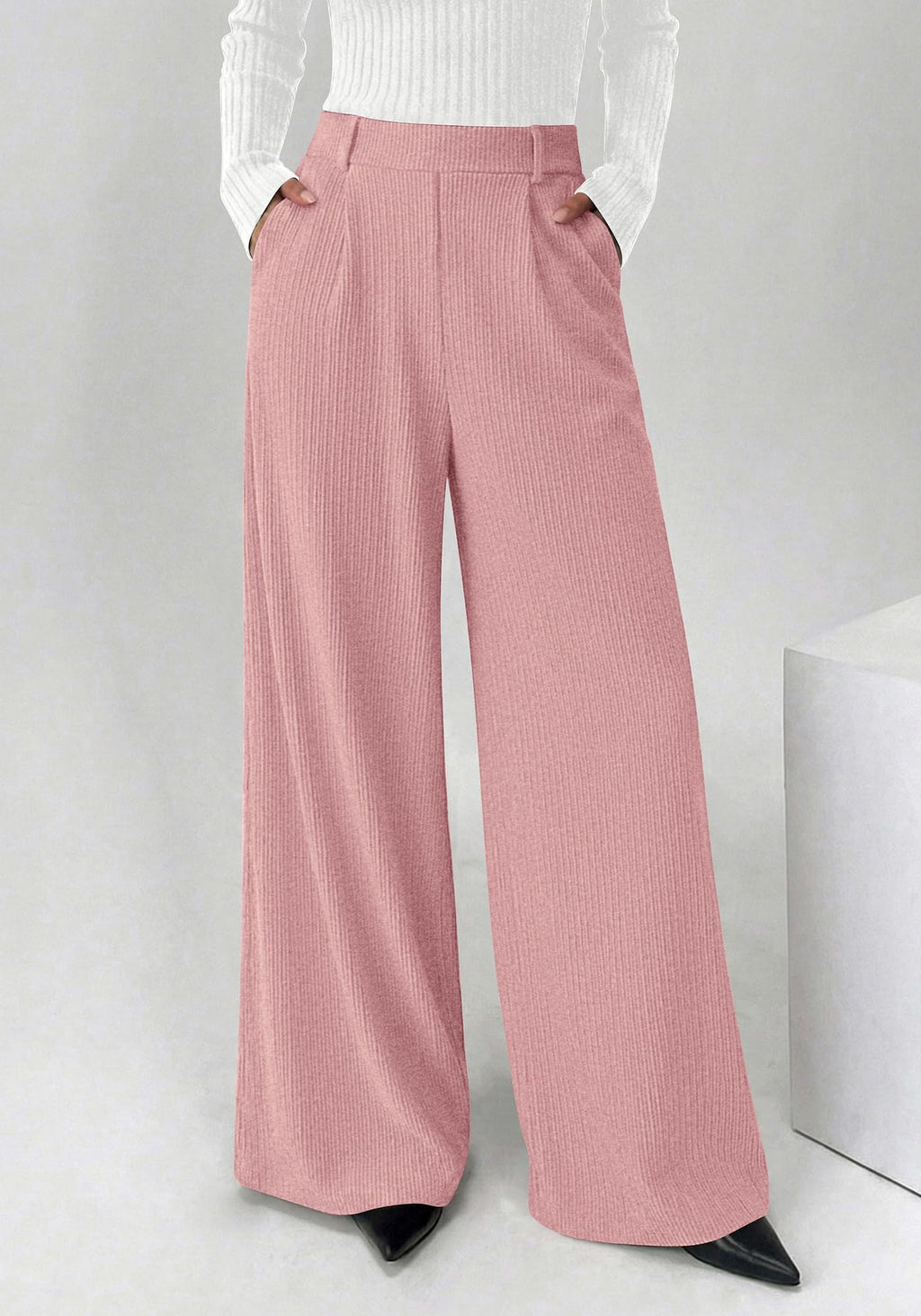 BTFBM Wide Leg Pants for Women Dressy Work Business Casual Elastic High Waisted Trousers Ribbed Lounge Palazzo Pants