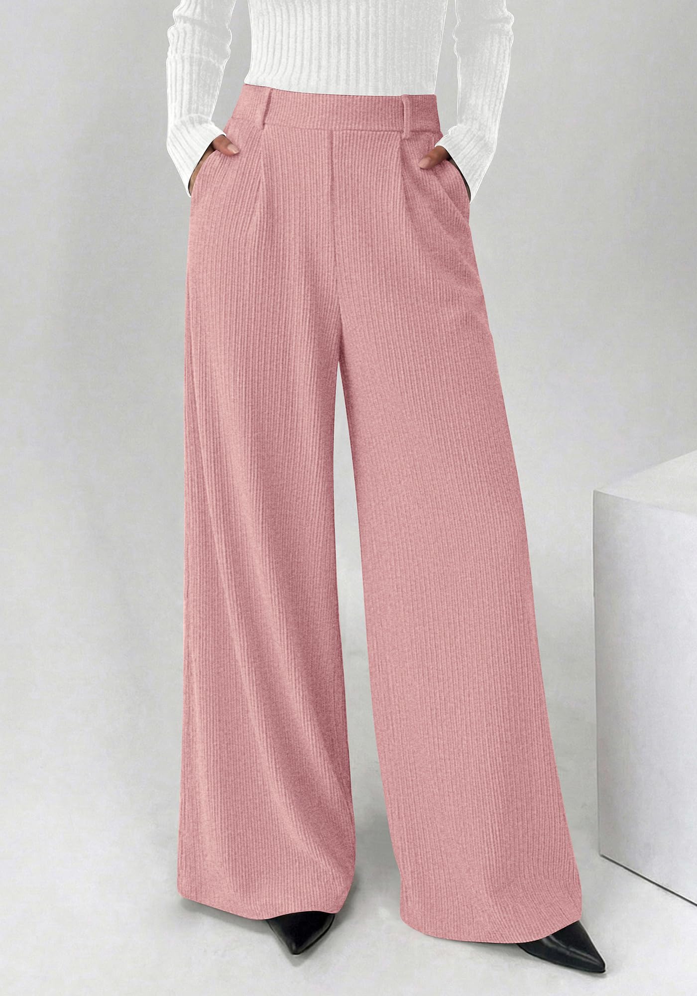 BTFBM Wide Leg Pants for Women Dressy Work Business Casual Elastic High Waisted Trousers Ribbed Lounge Palazzo Pants