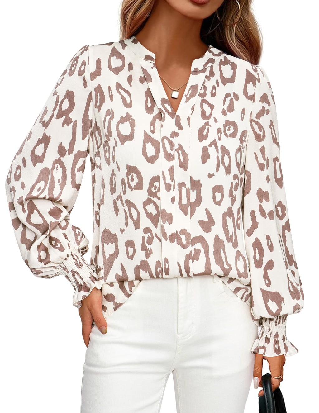 FreshPretty Womens Boho Floral Long Sleeve Tops Fall Fashion V Neck Loose Chiffon Work Blouses Dressy Casual Ruffle Shirts