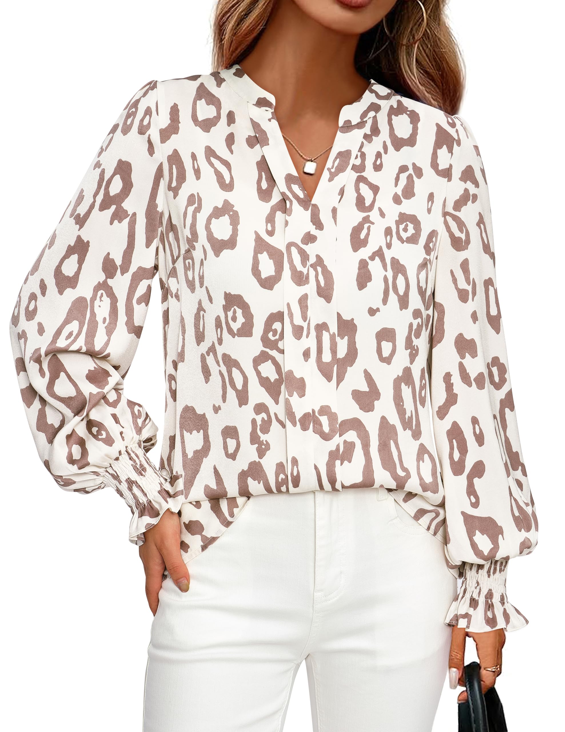 FreshPretty Womens Boho Floral Long Sleeve Tops Fall Fashion V Neck Loose Chiffon Work Blouses Dressy Casual Ruffle Shirts