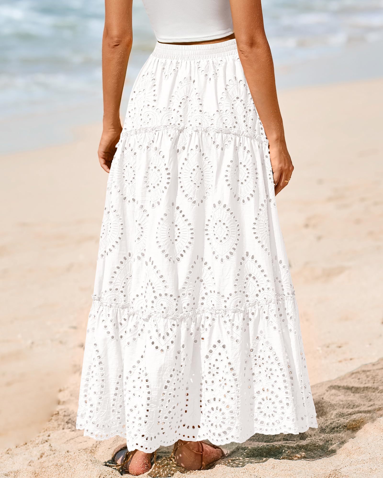 BTFBM Long Skirts for Women Summer Boho Lace Embroidery High Waist Flowy Tiered Spring Maxi Skirt Beach Vacation