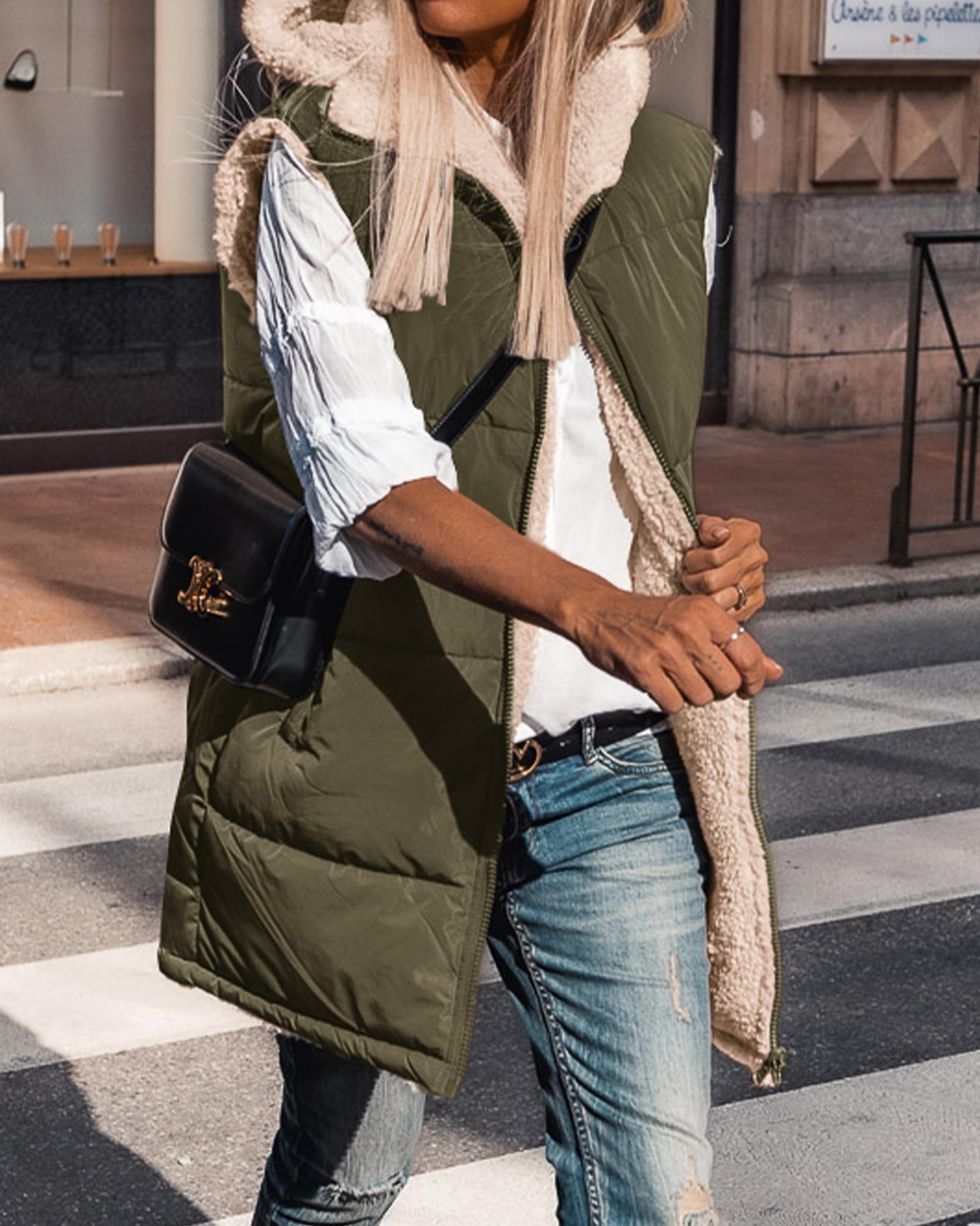 BTFBM Long Puffer Vest Women Fleece Sherpa Jacket Sleeveless Hooded Reversible Zip Up Winter Coat Fall Vests Outerwear