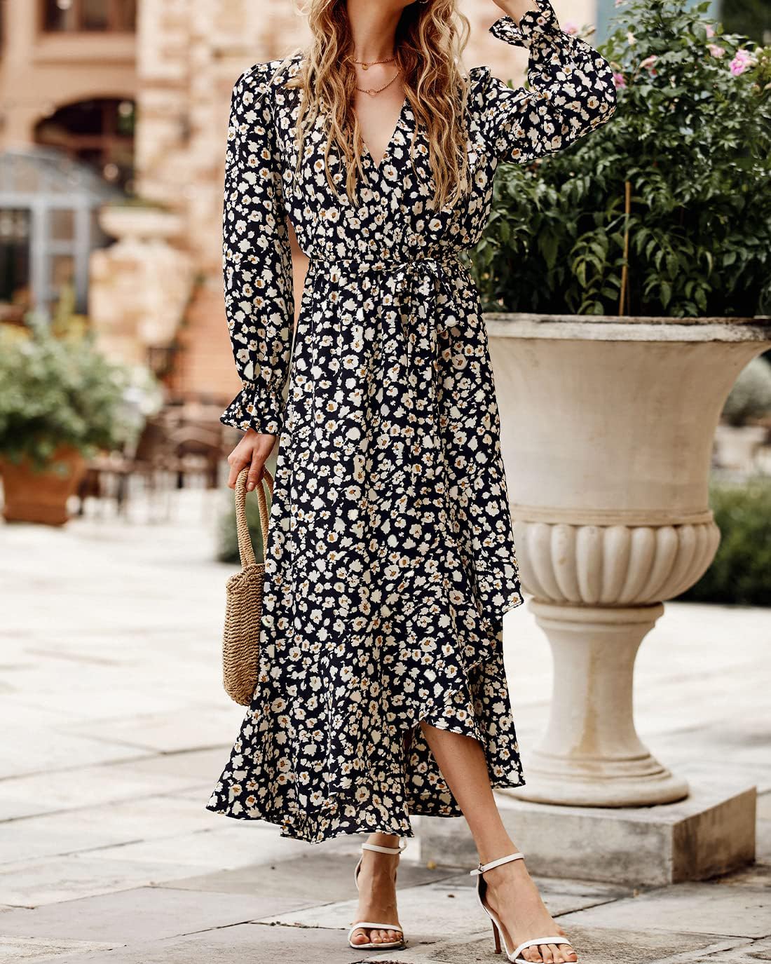 BTFBM Womens Dresses Summer V Neck Floral High Waist Ruffle Wedding Guest Cocktail Boho Spring Long Sleeve Dress
