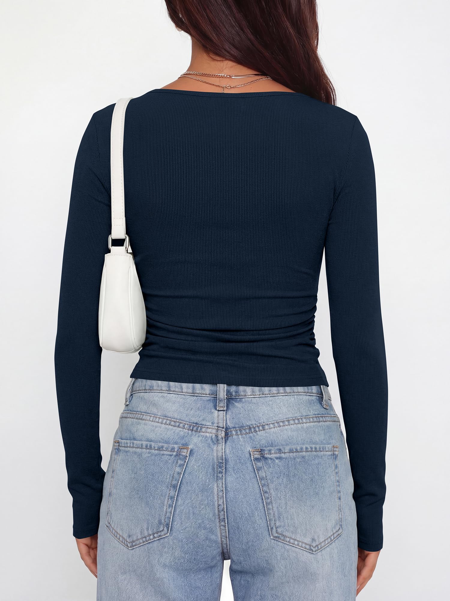 BTFBM Womens Long Sleeve T Shirts Spring Clothes Ribbed Slim Fit Boat Neck Casual Going Out Tops Workout Outfits