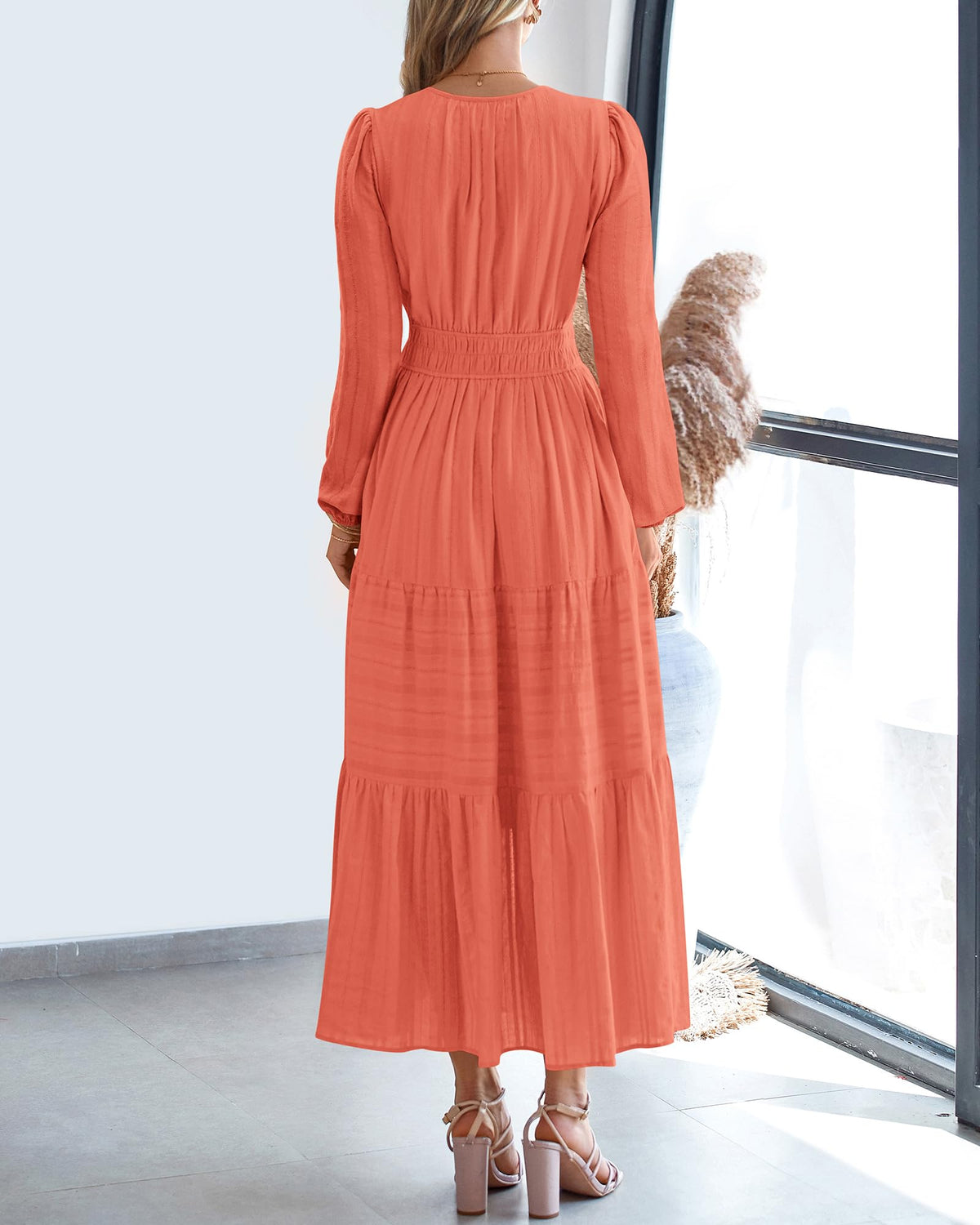 BTFBM Spring Dresses for Women 2026 Casual Long Sleeve V Neck Elastic Waist Lightweight Maxi Wedding Guest Dress Pockets