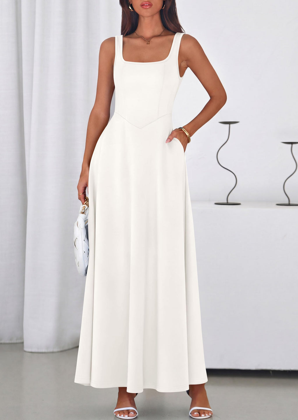 PRETTYGARDEN Womens Summer Dresses Sleeveless Elegant Square Neck Aline Swing Maxi Beach Wedding Guest Dress Pockets