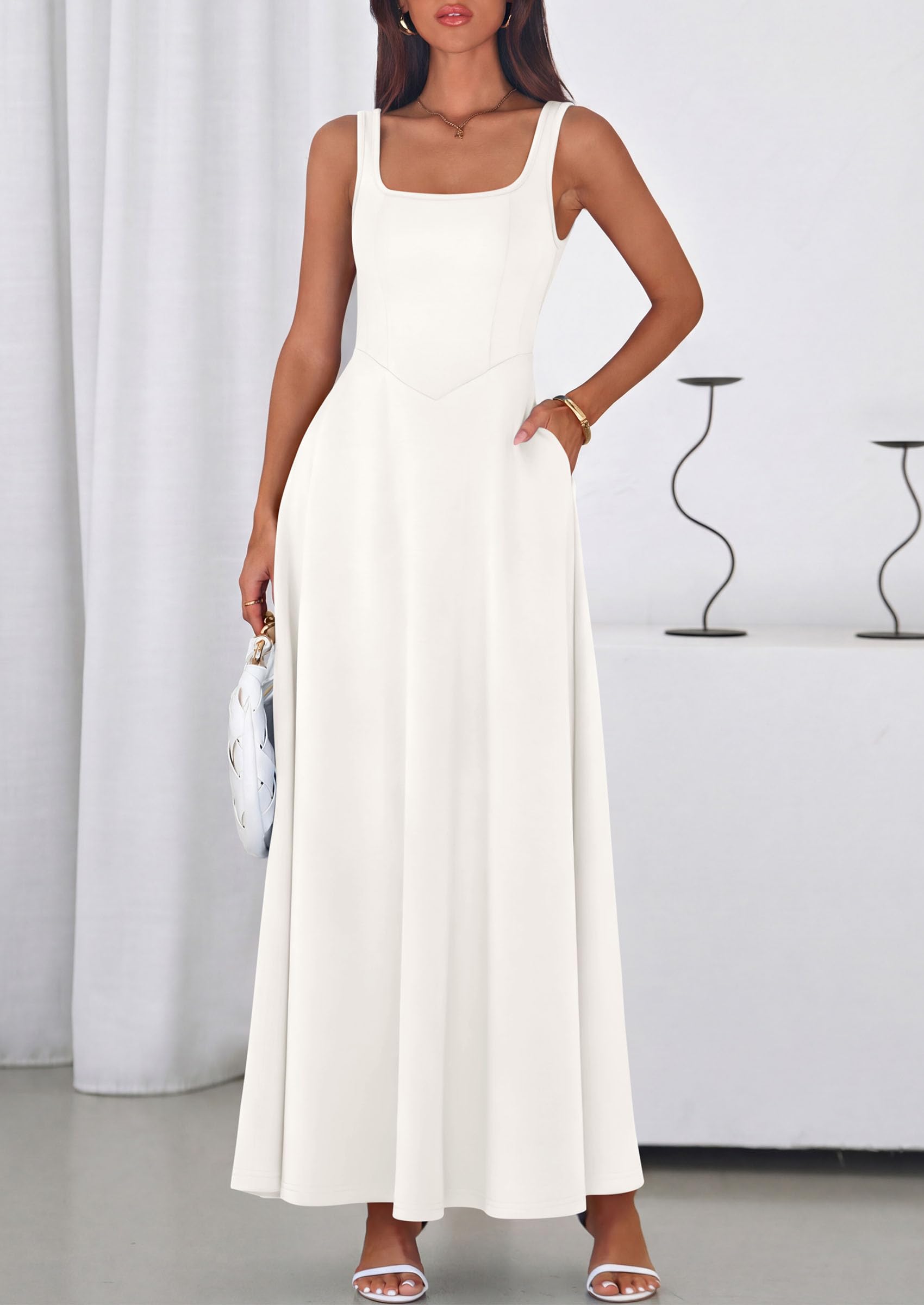 PRETTYGARDEN Womens Summer Dresses Sleeveless Elegant Square Neck Aline Swing Maxi Beach Wedding Guest Dress Pockets