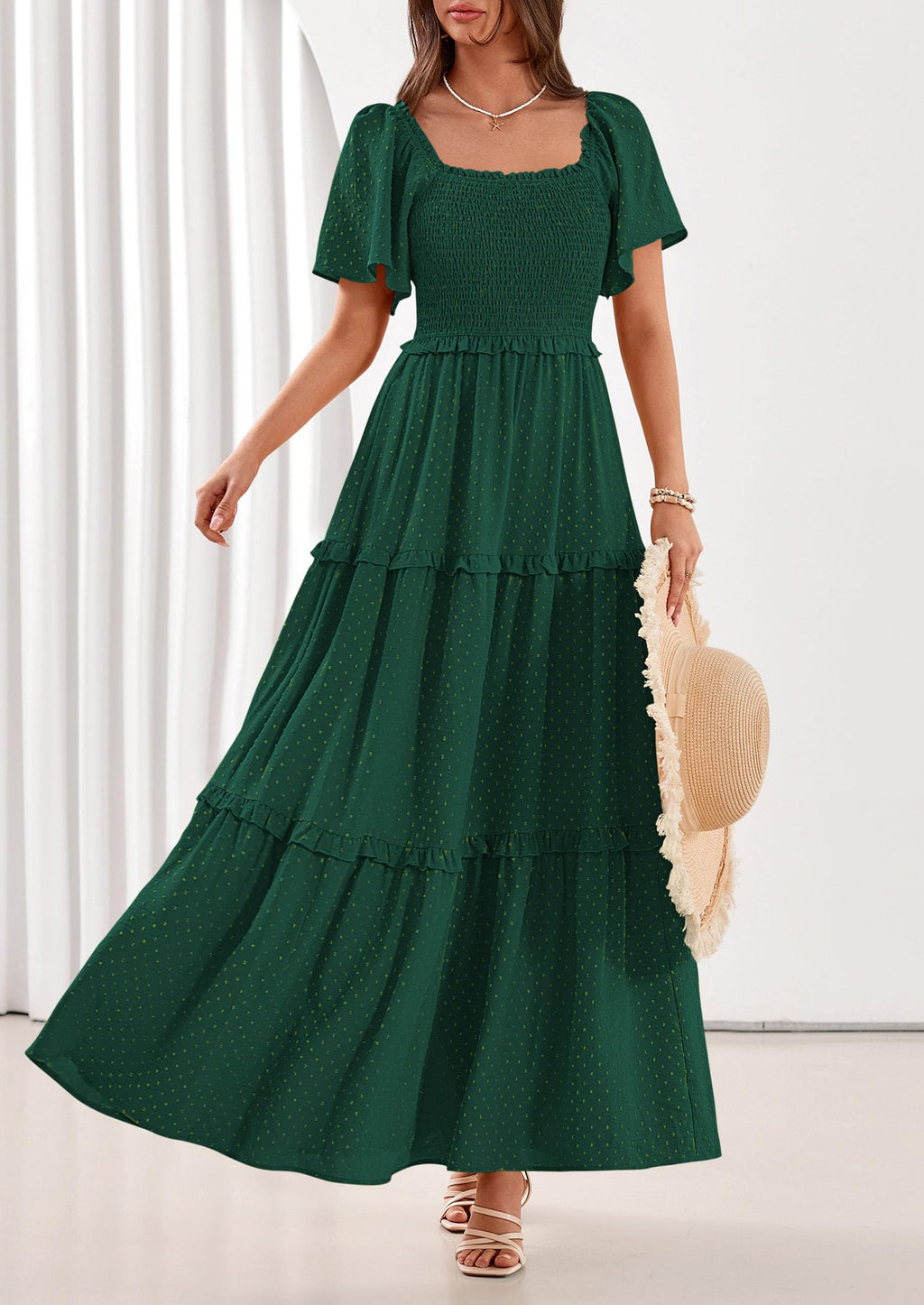 PRETTYGARDEN Summer Dresses for Women Boho Swiss Dot Smocked Square Neck Short Sleeve Spring Wedding Guest Maxi Dress